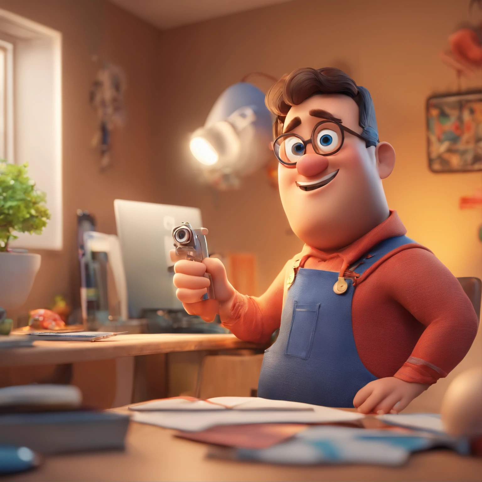 Criar um personagem no estilo Pixar. Trata-se de um homem de 30 anos, Branco, e olhos castanhos.