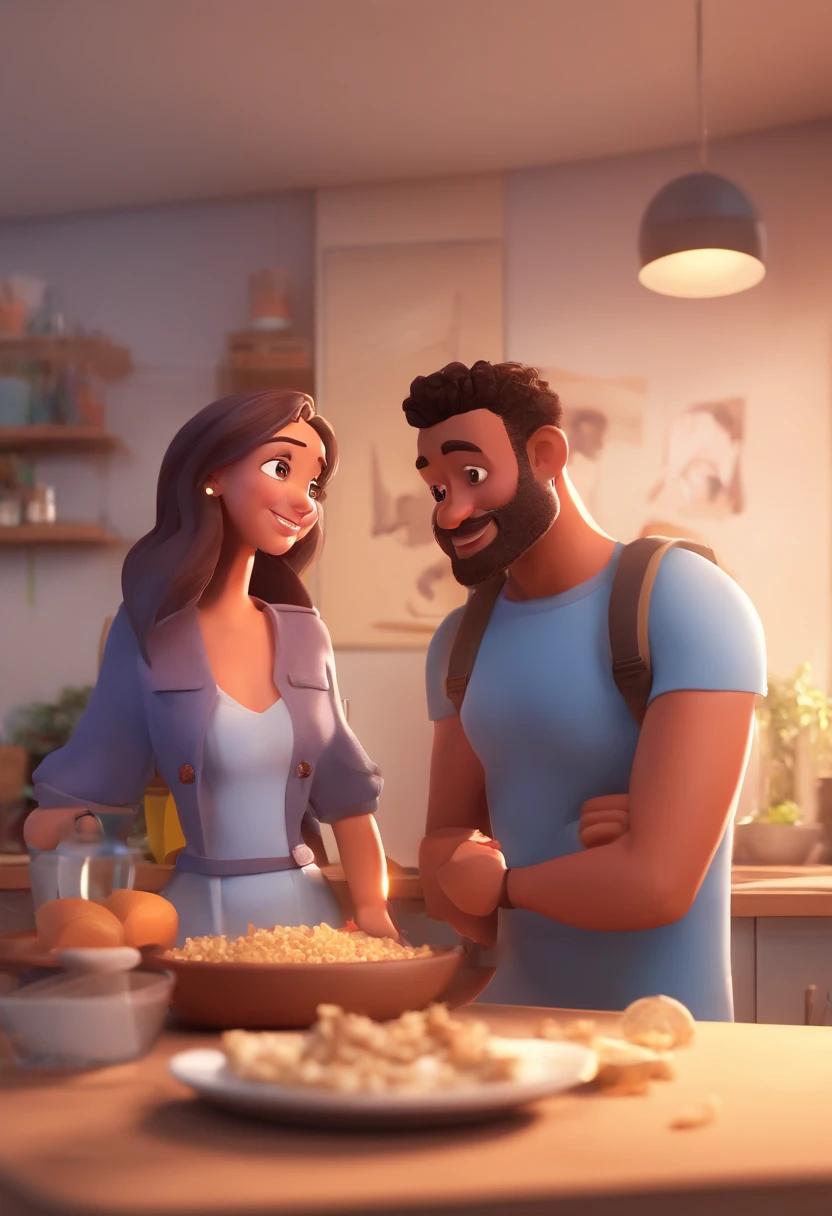 An illustration of an adorable couple, destacando um homem e uma mulher com bonito, Expressive eyes – the man's skin is black and the man's hair is bald and black, while the woman's skin is black and the woman's hair is curly and brown. They are a bright room, cada um com um sorriso no rosto, e compartilhar um momento especial caracterizado pelo amor, arroz, e insights educacionais. Illustrate this scene from a perspective where they are facing away from the camera, Showing Your Connection. Desenvolva esta arte em Full HD, Focus on your cinematic touch, Estilo Disney Pixar Animations