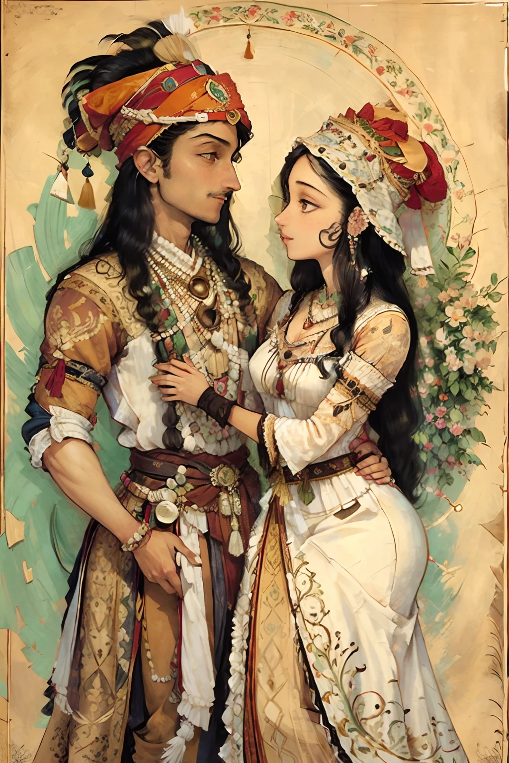 A beautiful Iranian woman looking to eyes of beautiful young man, , long hair,  dressed in traditional Iranian clothing that reflects the rich cultural heritage. . The evocative illustrations of Kate Greenaway, the storytelling artwork of Norman Rockwell, and the traditional Iranian miniature paintings