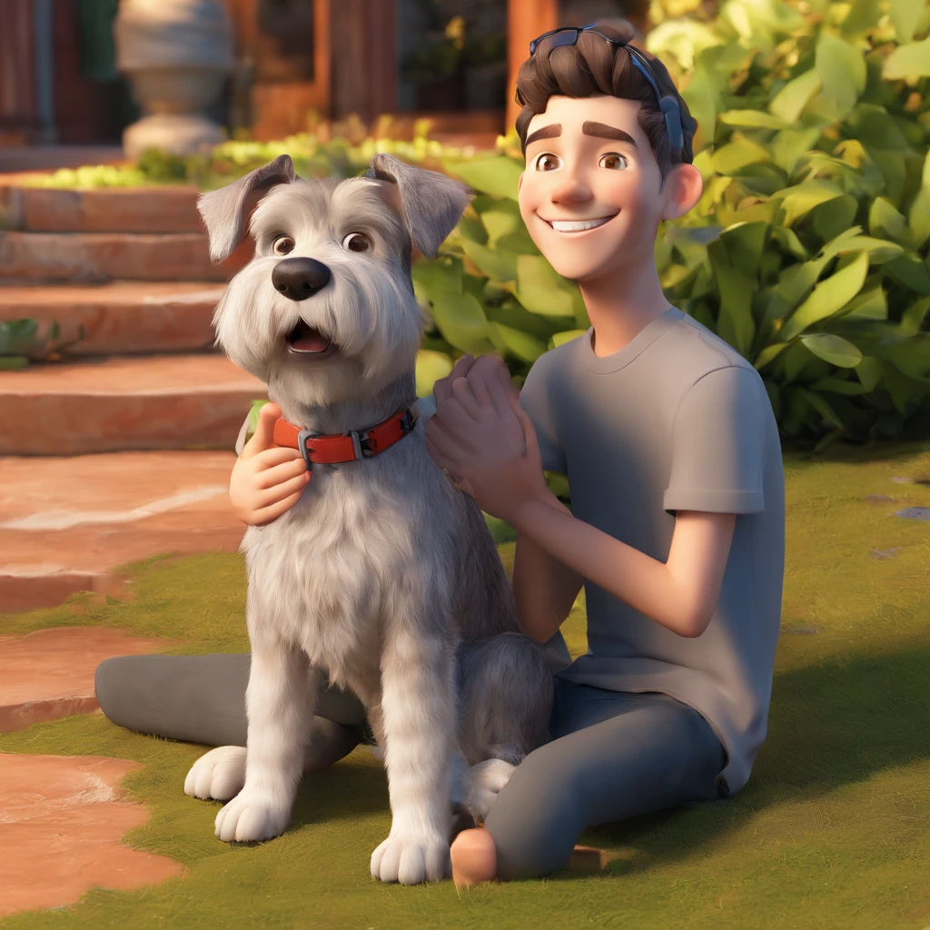 Lucas is a smiling 15-year-old human boy, com seu fiel amigo, Bolt, o cachorro schnauzer, deitados no jardim