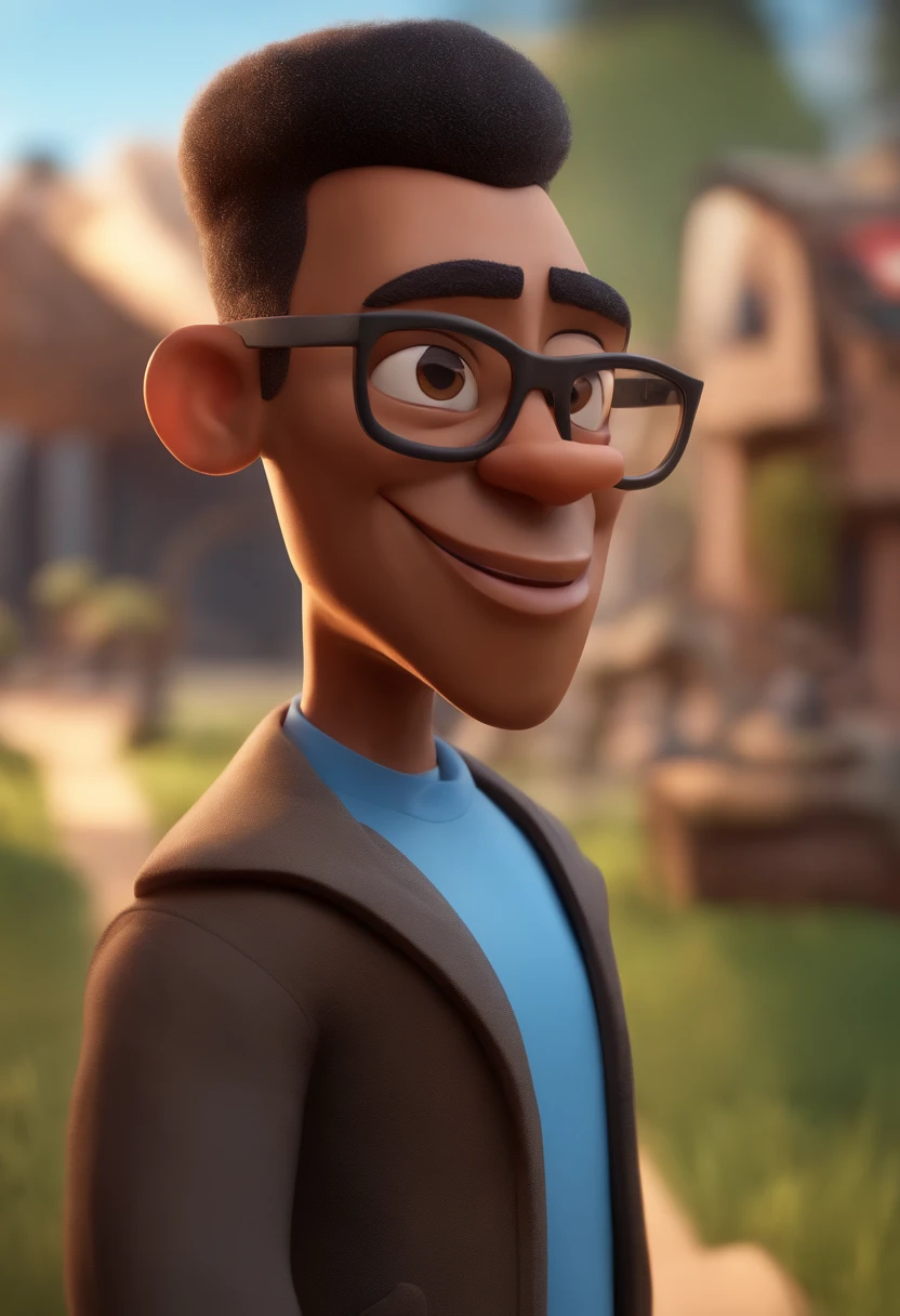 Cartoon character of a mulatto man with shaved hair wearing black glasses and a blue shirt, um personagem animado, Caractere estilizado, animation style rendering, 3D estilizado, Arnold Maya render, 3 d render stylized, toon render keyshot, Personagem 3D, Personagem 3D, 3d rendering stylized, 3 d character render, personagem de desenho animado, Personagem de close up, Pose de personagem, (Estilo Pixar) (master part:1.2) (Bokeh) (best quality) (pele detalhada) (textura detalhada) (8k) (argila) (Cinematic lighting) (foco nítido,Senta e vaza a parte superior do corpo