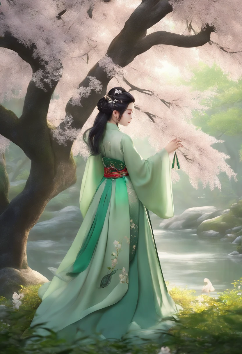 Hanfu, (Ru_Qun), arbre, mare, cheveux blancs, Yeux verts, Nahida_Genshin, enfant, Masterpiece, Best quality