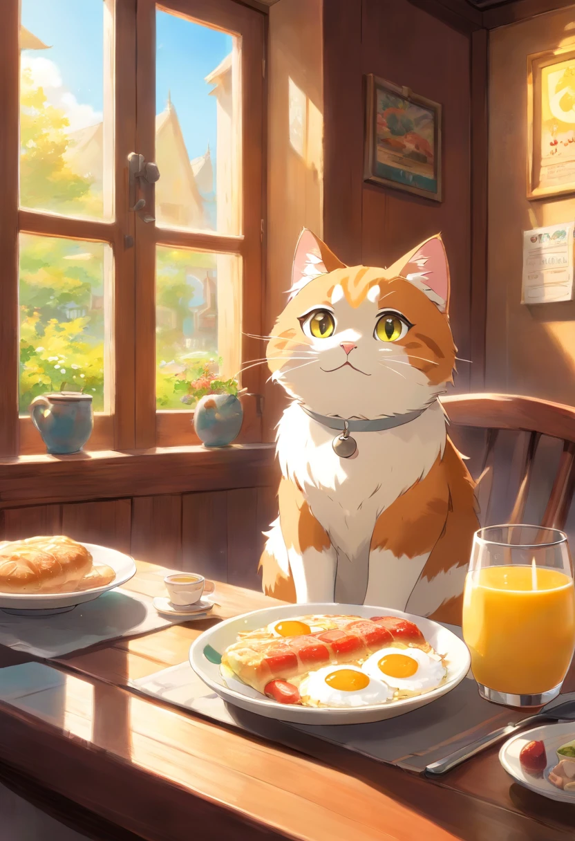 A cute cat with round eyes, At the breakfast place , Sunlight outside the window.