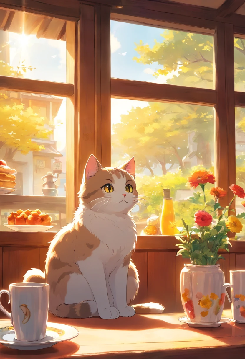 A cute cat with round eyes, At the breakfast place , Sunlight outside the window.