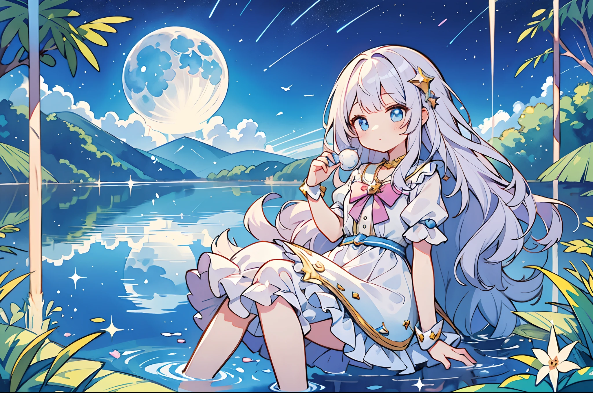 mermaidモチーフのMagical girl、Highest quality、Loriータ、Confused eyes、Primary school students、small、Lori、Young Girl、Water Manipulation Magic、水を司るMagical girl、beautiful girl、cute、Full-body portrait、light blue、Have a koto、Playing the lyre、Clear eyes、pose、Magic Exerciseermaid、Magical girl