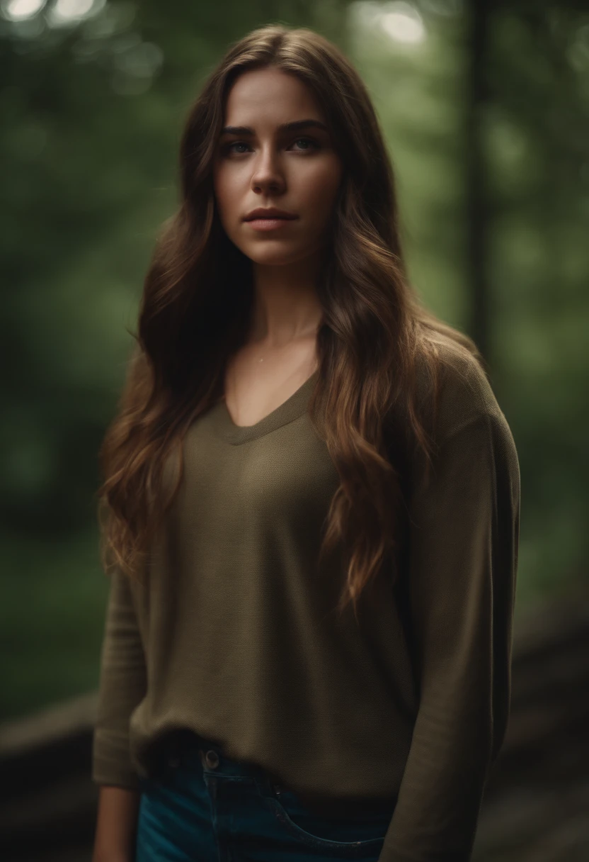 real life raw photo of a beautiful girl (J3ST401:0.99), full body photoshoot, full round face, short smile, brown sweater, forest setting, cinematic lightning, medium shot, mid - shot, highly detailed, trending on artstation, iso 2 0 0, f 1. 4, (8 0 mm:1.03), 8 5 mm, natural light, (morning haze:1.2), absurdres, incredibly_absurdres,