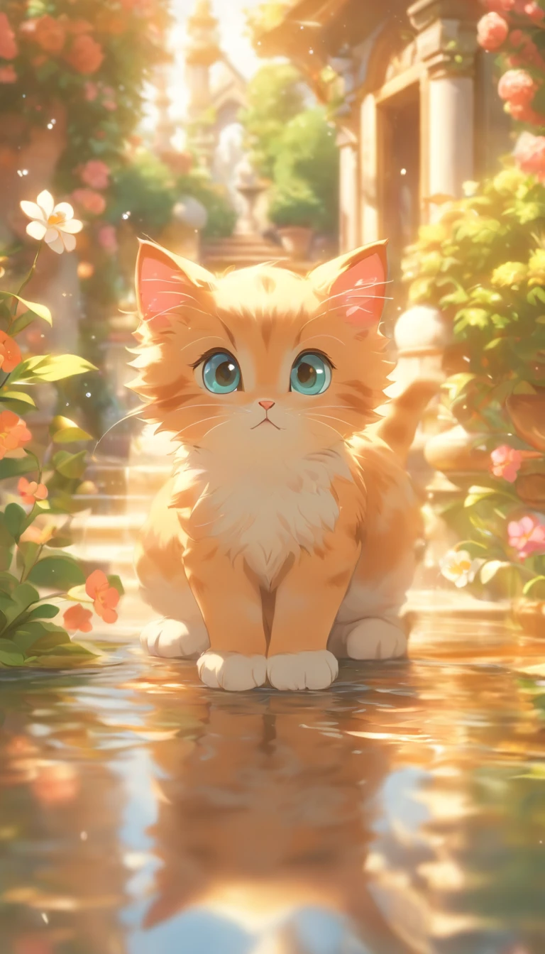 A cute kitten with round eyes, Garden fountain, , House in the distance, Mirror effect