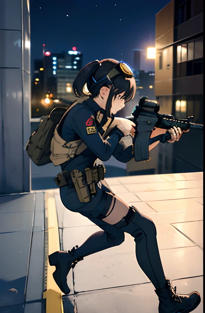 femele、Short-cut hairstyles、 独奏、Black goggles、(Tight bodysuit with dark skin, long boots), Full body, Running、Shot from the side, (How to hold a weapon and how to aim, M4 carbine), Realistic, Shoulder holster, On the roof of a building、nighttime scene