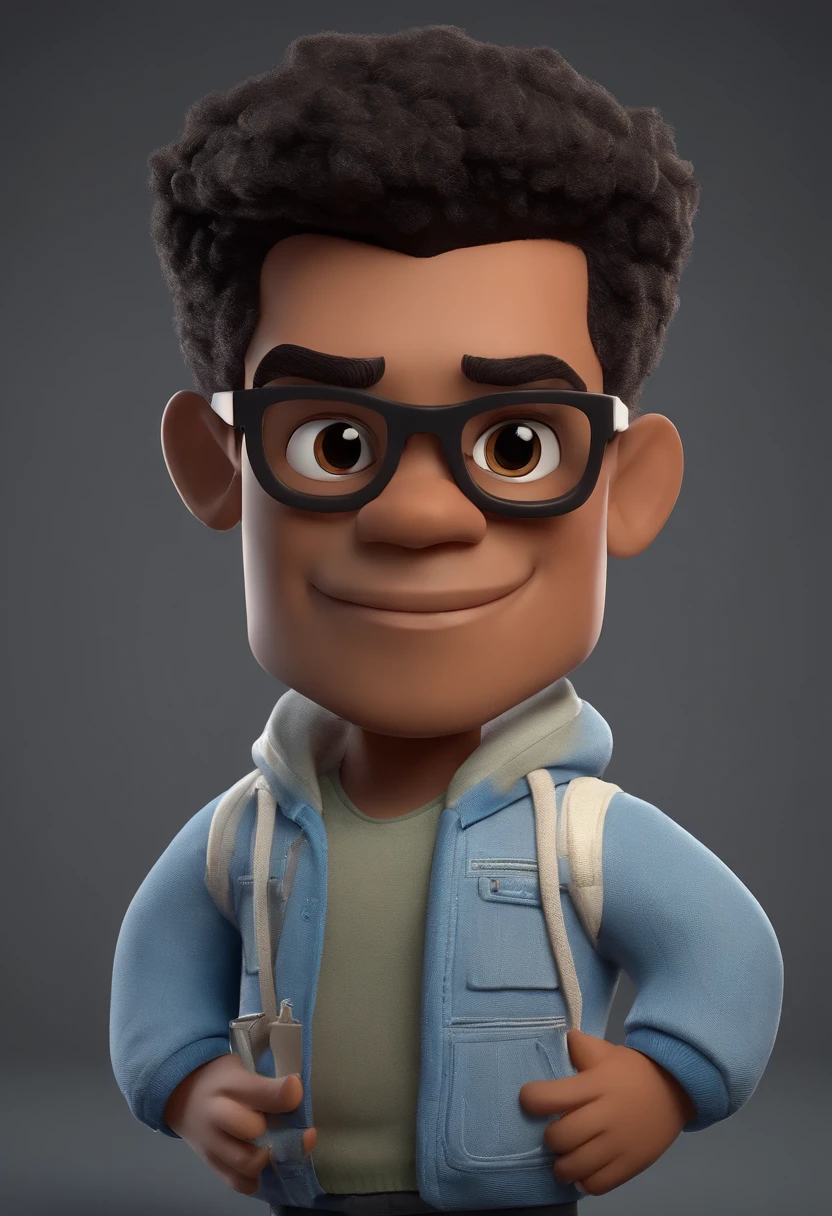 personagem dos desenhos animados de um homem negro, jovem, com 26 anos, Wearing black glasses and a blue sweatshirt, cabelo crespo, cortado em estilo americano, animation character, Caractere estilizado, animation style rendering, 3D estilizado, Arnold Maya render, 3 d render stylized, toon render keyshot, Personagem 3D, Personagem 3D, 3d rendering stylized, 3 d character render, personagem de desenho animado, Personagem de close up, Pose de personagem, (Estilo Pixar) (master part:1.2) (Bokeh) (best quality) (pele detalhada) (textura detalhada) (8k) (argila) (Cinematic lighting) (foco nítido