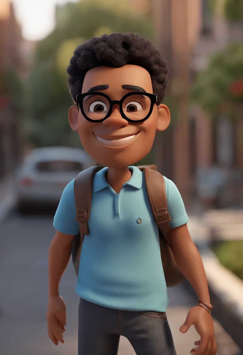 personagem dos desenhos animados de um homem negro, jovem, com 26 anos, Wearing black glasses and a blue sweatshirt, cabelo crespo, cortado em estilo americano, animation character, Caractere estilizado, animation style rendering, 3D estilizado, Arnold Maya render, 3 d render stylized, toon render keyshot, Personagem 3D, Personagem 3D, 3d rendering stylized, 3 d character render, personagem de desenho animado, Personagem de close up, Pose de personagem, (Estilo Pixar) (master part:1.2) (Bokeh) (best quality) (pele detalhada) (textura detalhada) (8k) (argila) (Cinematic lighting) (foco nítido