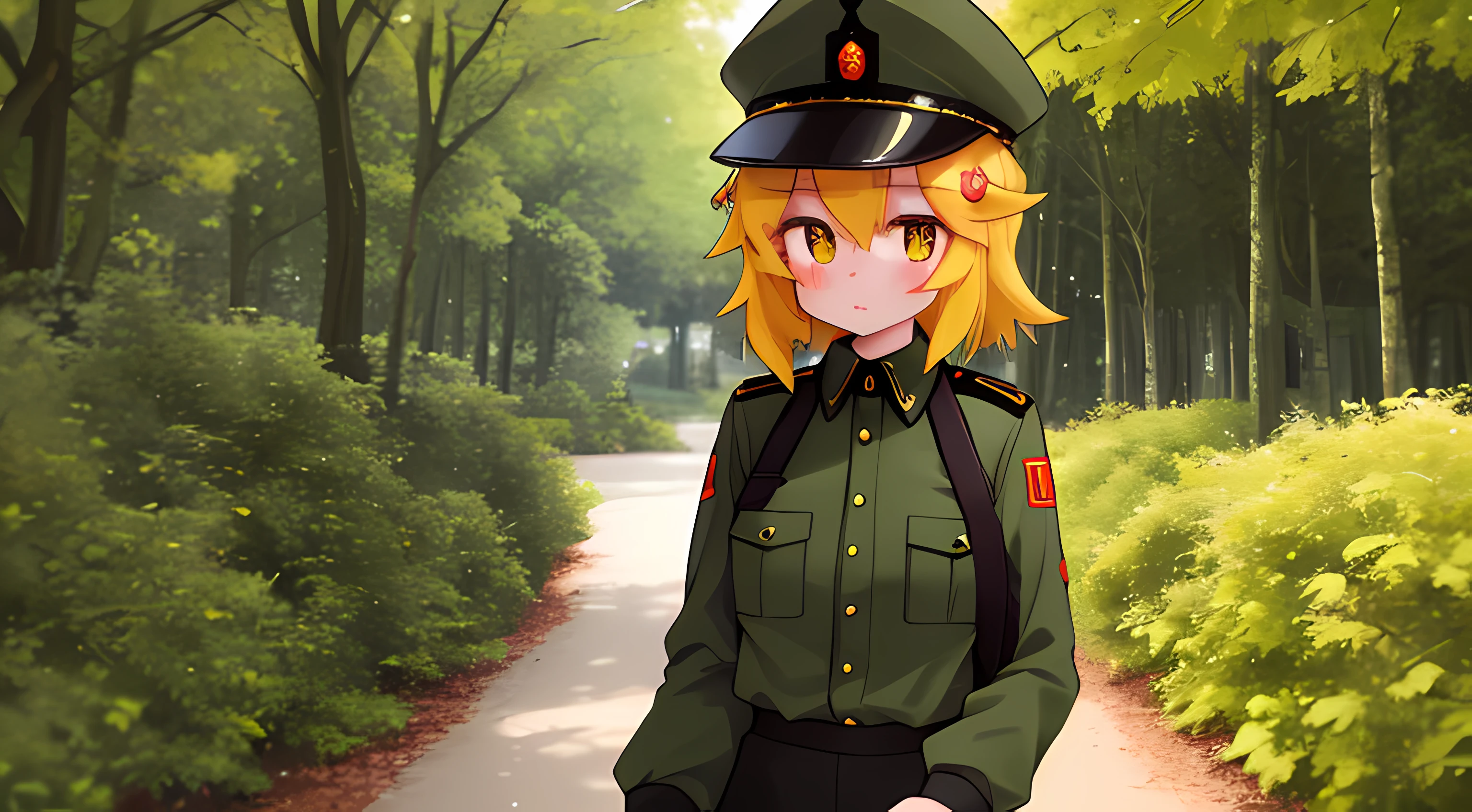 (Best Quality,4k,hight resolution,Masterpiece:1.2),Fox Girl,ear,Army uniform,Tactical Military Uniform,Green Army Uniform,On the Front Line,single girl,Bushes,the trees, Detailed girl, beatiful face, redhead hair, Beautiful Uniform, Very nice uniform, Ultra-detailed uniforms, Very nice military uniform, Very detailed 4K shape, pretty eyes, very detailed eyes, Beautiful yellow eyes, Almost orange eye color, Very nice girl, ((Form of the Soviet Union))