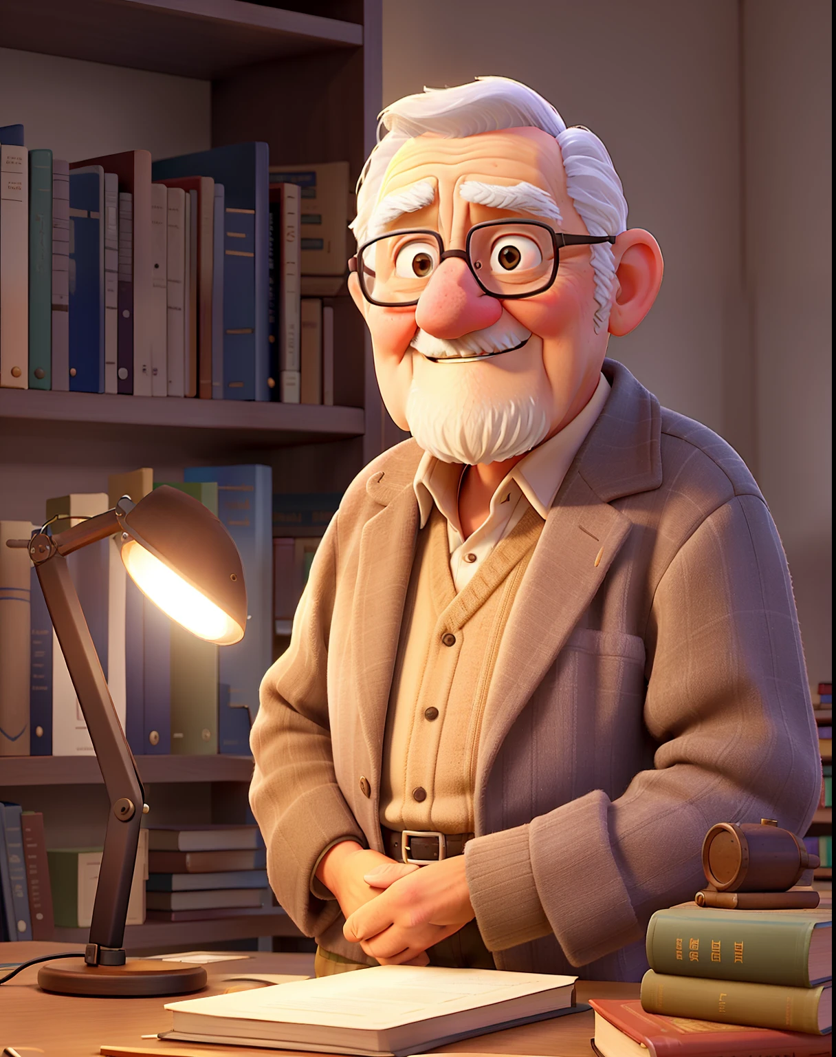 A wise old man standing in front, illuminated by the light of a lamp, against the backdrop of a library