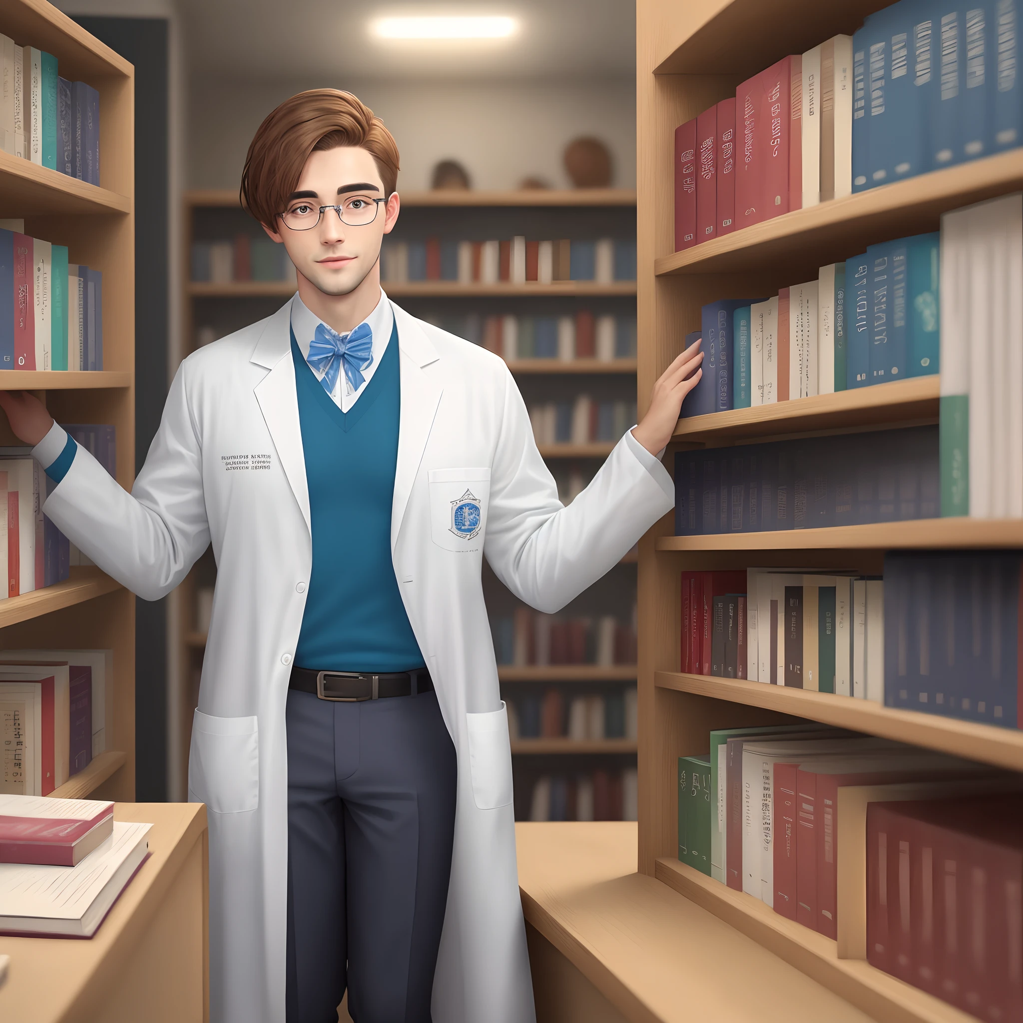 History teacher in white lab coat brown hair, barba grisalha oculos quadrados azul, Tall with books in hand