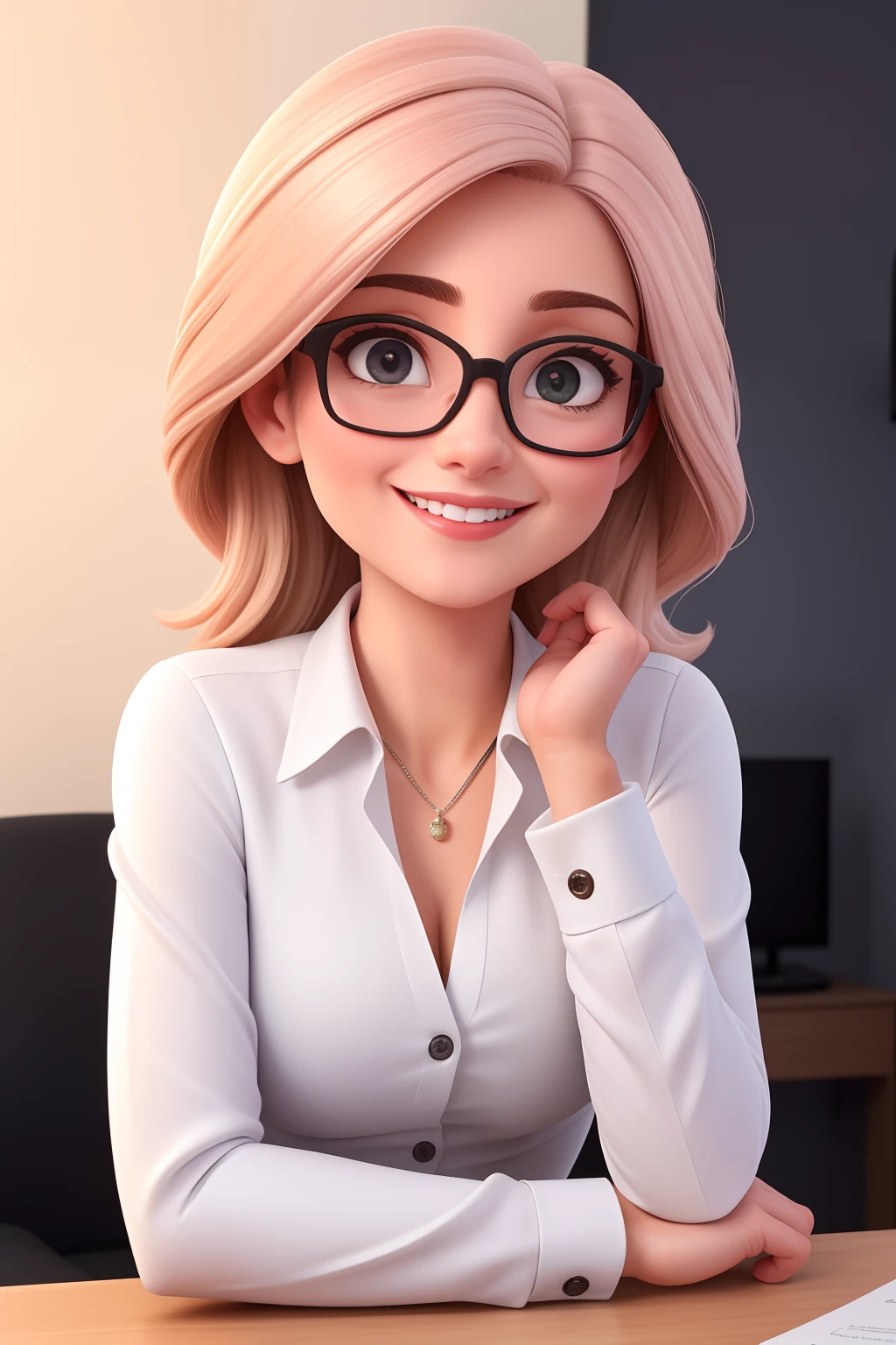 Uma mulher de 30 anos, com cabelos castanhos cumpridos, Rosto redondo, rosto redondo com sorriso encantador, e olhos castanhos, wearing glasses. TV presenter looking at the camera