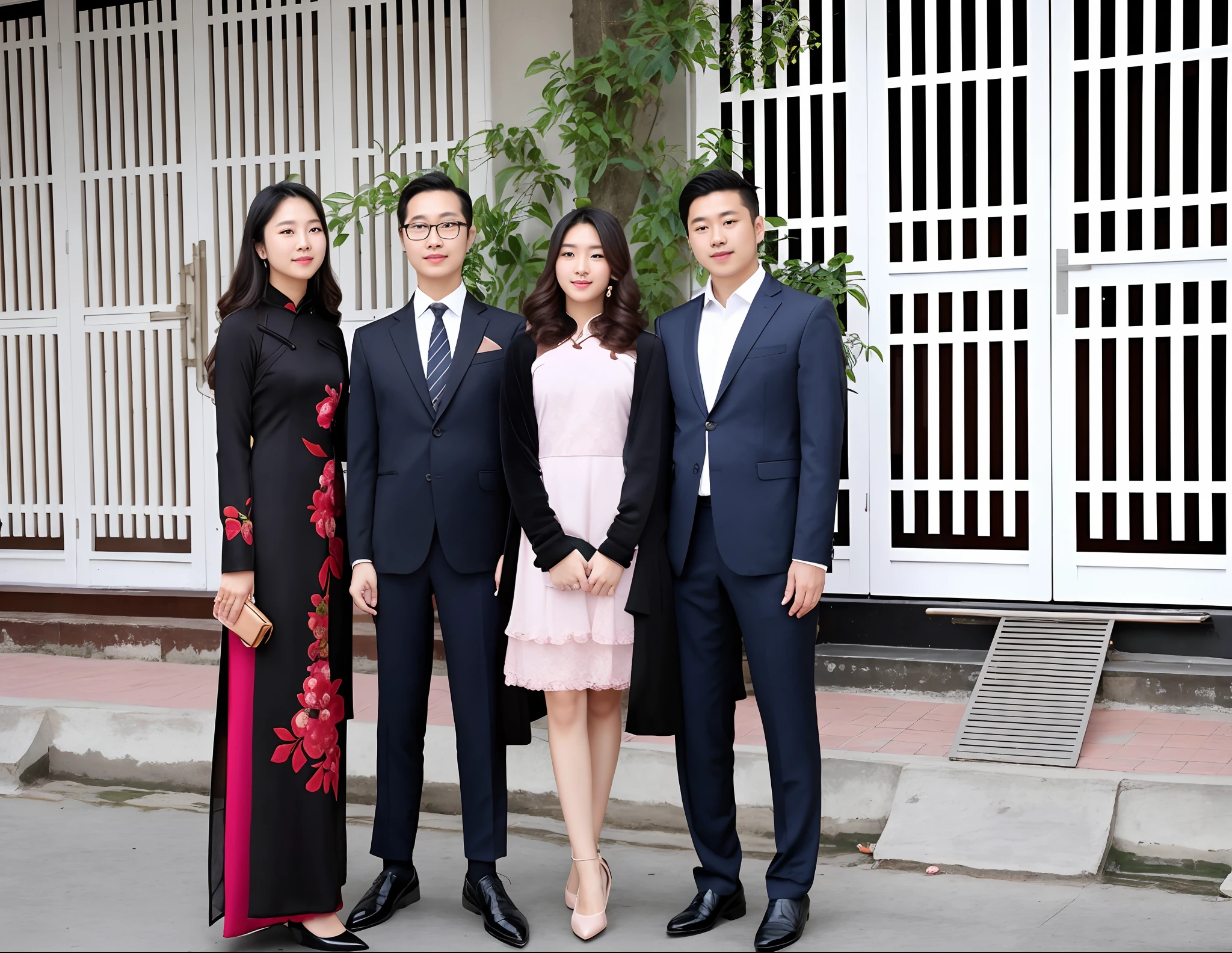 three people in formal attire standing next to each other, ao dai, family, in style of lam manh, family photo, hoang long ly, in city street, elegant shot, masterpiece, from left, lifestyle, 155 cm tall, well - dressed, spy x family, photo taken in 2 0 2 0 ,wearing a small yellow necklace, nice studio in brown, black curly hair, hair light, lotus pink lips, The hair that flies outside has light shining, background, light on shoulder, light on hair, Genuine facial skin with grain, 8k uhd, dslr, soft lighting, high quality, film grain, Fujifilm XT3