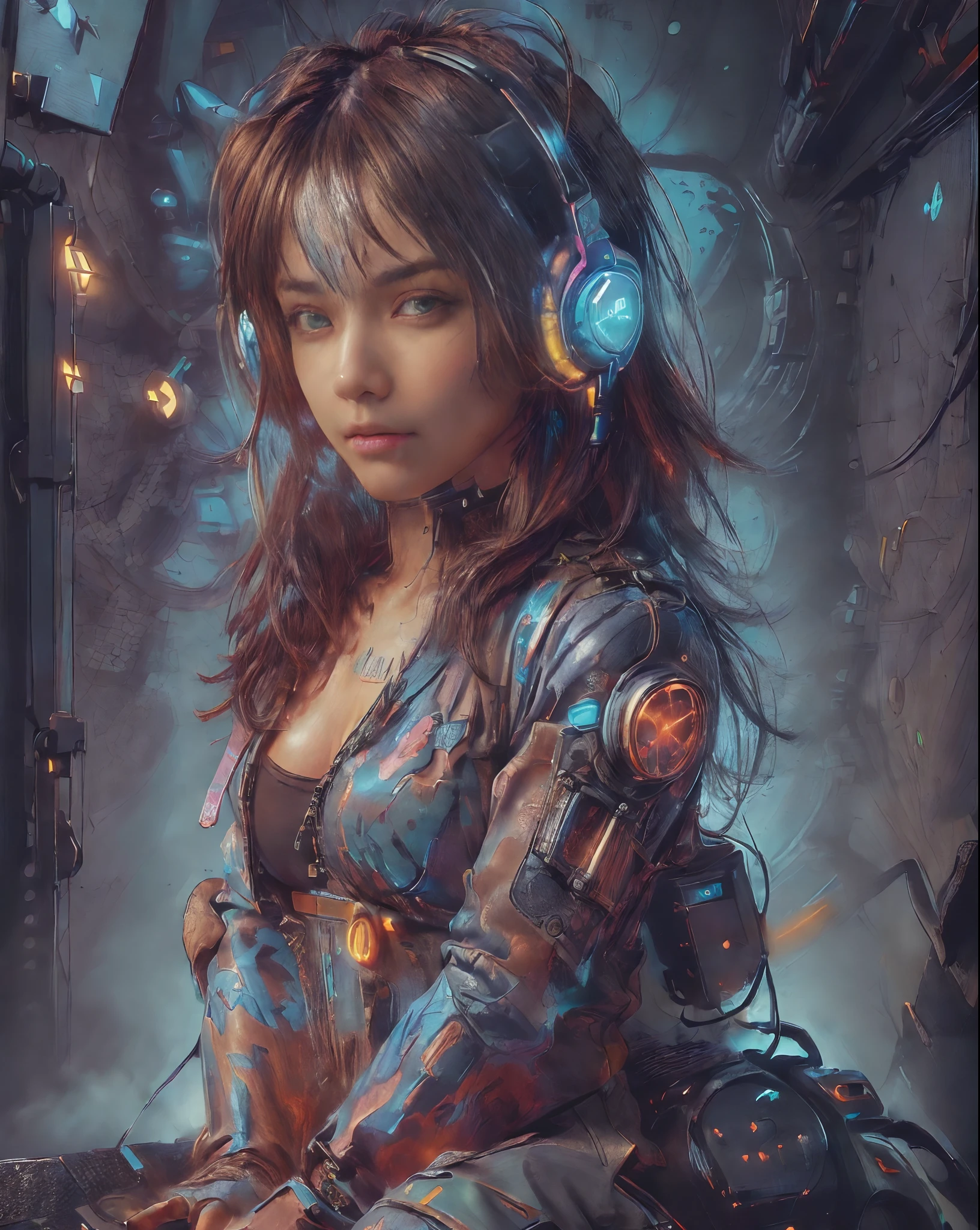 (((Random posture:1.2))), (masterpiece,best quality,ultra detailed,ultra high res,detailed background),((cyberpunk)),((flat color)),((colorful)),(1girl),pilot,pilot helmet,pilot jacket,looking_at_viewer, (headphones:1.2),solo,upper body,colored background,high contrast,contrasting colors,