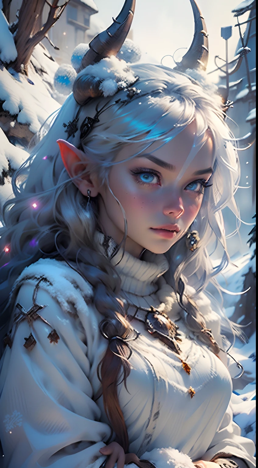Masterpiece,Top image quality,hight resolution,Very detailed and realistic,Best Wallpaper Creations,Majestic snowy mountain dungeon,A snow woman is standing,Very beautiful,Horned monsters are around