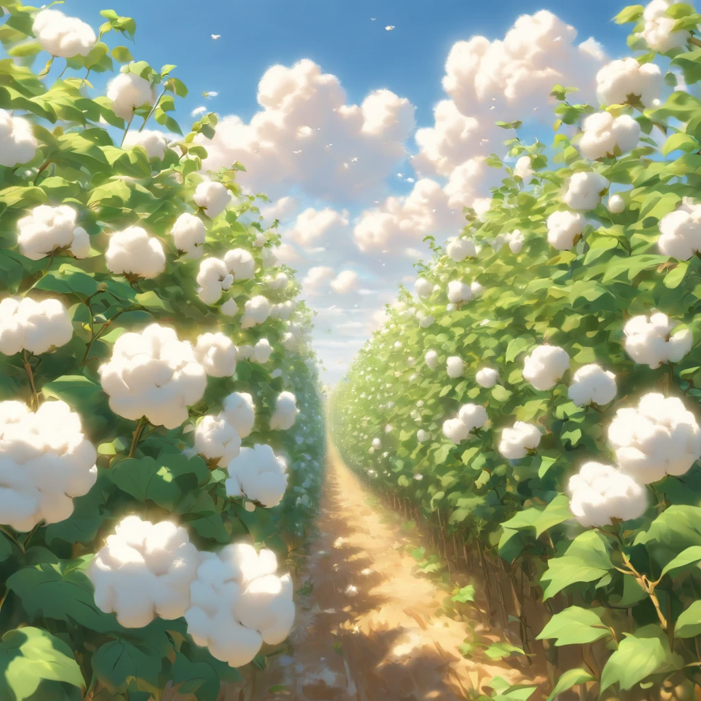 (best quality,4k,8k,highres,masterpiece:1.2),ultra-detailed,(realistic,photorealistic,photo-realistic:1.37),top view,cotton field,lush greenery,soft and fluffy cotton plants,floating cotton tufts,vibrant blue sky,qiueter,peaceful atmosphere,gentle breeze,golden sunlight,subtle shadows,endless rows of cotton plants,expansive landscape,pure white cotton blossoms,densely packed cotton bolls,farmland symmetry,crisp and clean air,carefully cultivated crops,summer harvest,harmony with nature,calm and serene scene,textured and intricate cotton fibers,delicate cotton pods,cotton fluff dancing in the wind.