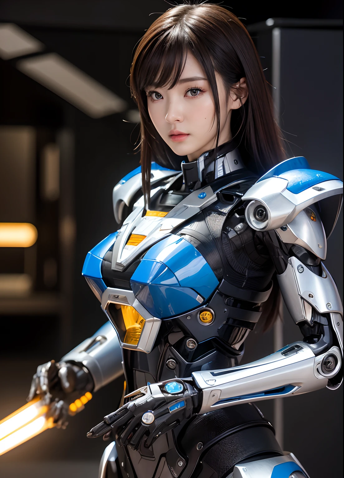 Textured skin, Super Detail, high details, High quality, Best Quality, hight resolution, 1080p, hard disk, Beautiful,(cyborgs),beautiful cyborg woman,Mecha Cyborg Girl,Battle Mode,Girl with a Mecha Body,Able to launch missiles from the chest,You can shoot a machine gun from both hands