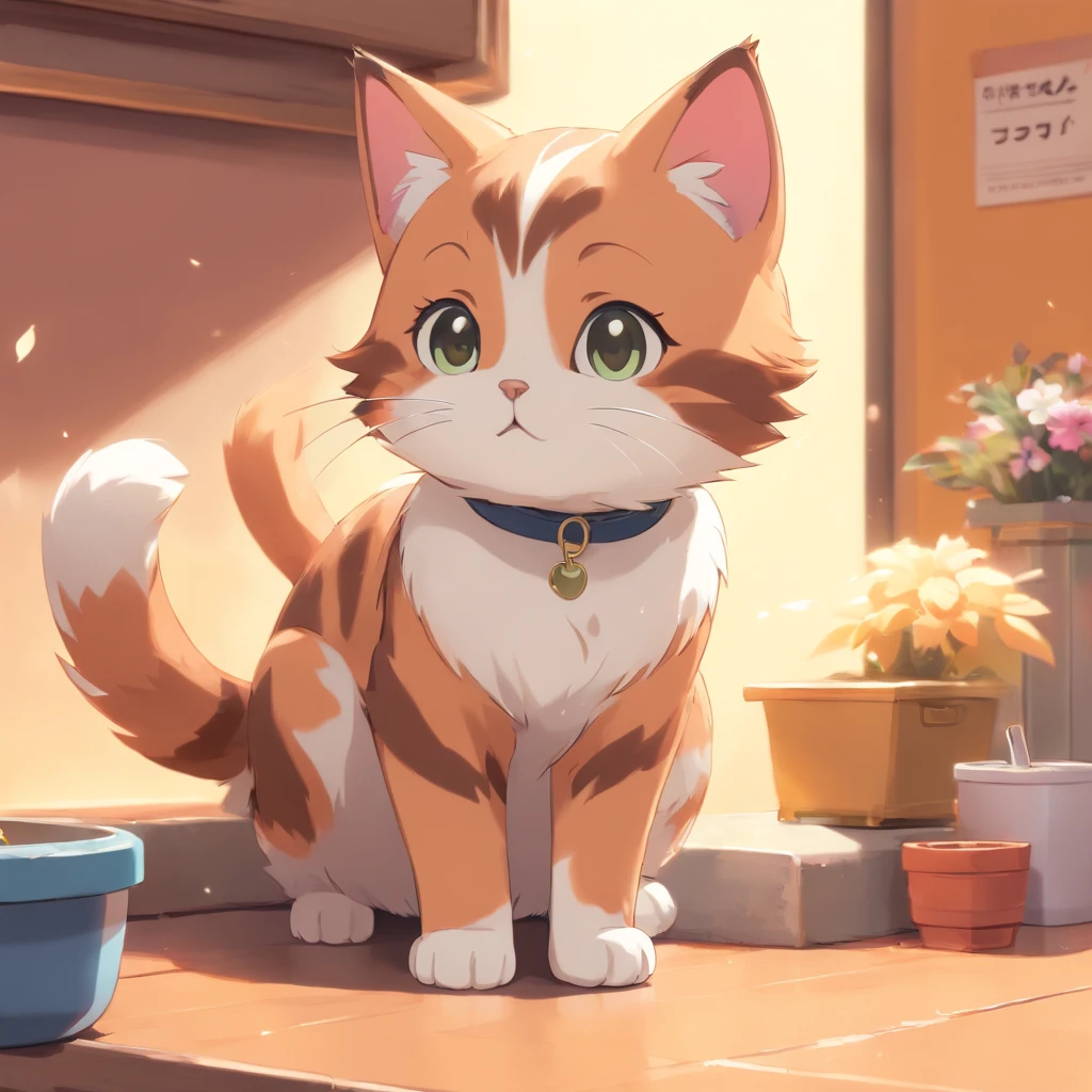 Little cute isometric cat emoji, Tuxedo jack, calico cat, hairy pubic，Cute big breasts, Pet shop background, soft and muted colors, 3d icon clay rendering, Spring: 120mm, 3D blender rendering, trending on polycount, modular constructivism, Orange background, physically-based renderingt, The kitten in the middle raised her hand