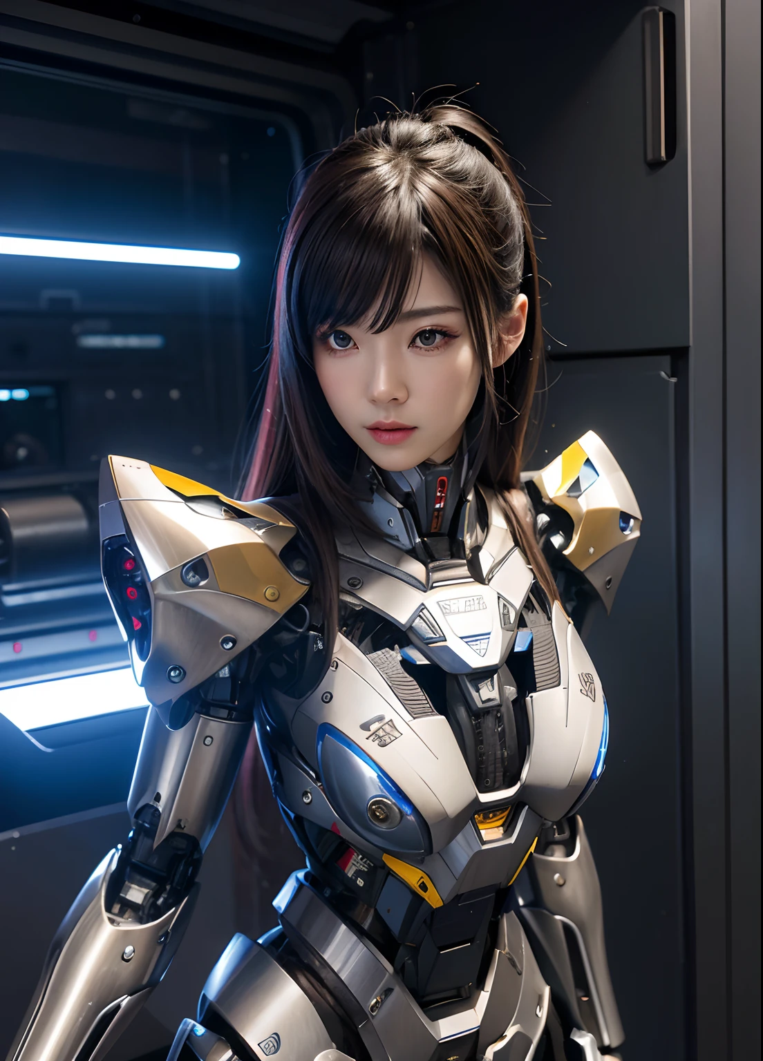 Textured skin, Super Detail, high details, High quality, Best Quality, hight resolution, 1080p, hard disk, Beautiful,(cyborgs),beautiful cyborg woman,Mecha Cyborg Girl,Battle Mode,Girl with a Mecha Body,Able to launch missiles from the chest,You can shoot a machine gun from both hands