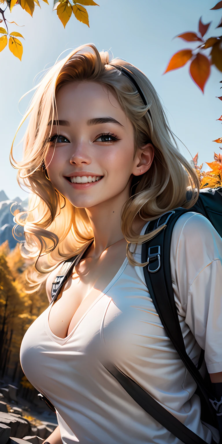 top-quality、Top image quality、​masterpiece、Blonde Long Wavy Hair、Close-up looking up from below、a 19 years old girl、mountaineering、Wear light white shorts、Backpack and climb the slope、(Colored leaves、A sexy、Face smile、Realistic cleavage emphasis on the face