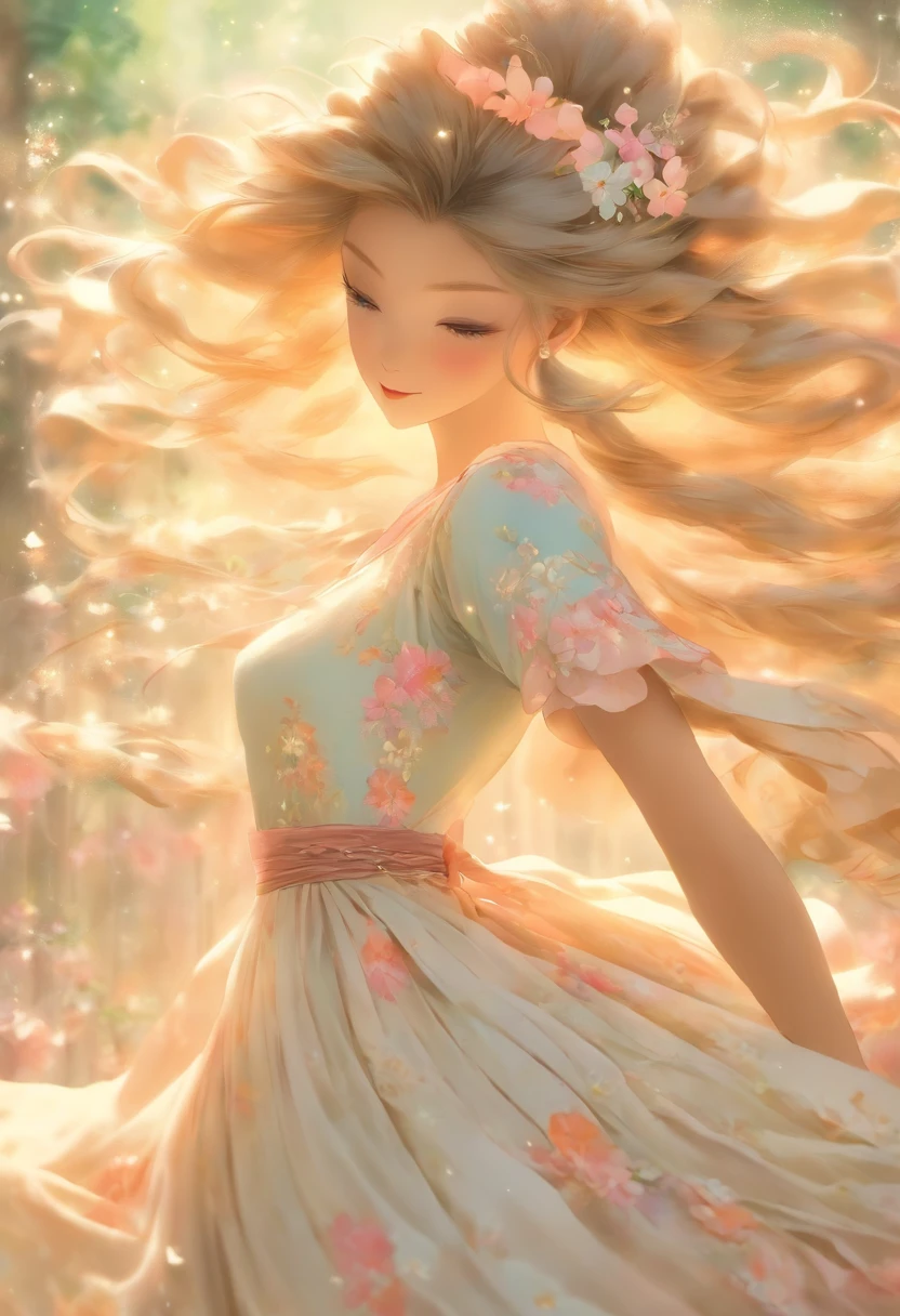 aged 30,Super detailed,a beautiful girl, , playful and charming. The girl’s dress is made of a delicate, flowing fabric that seems to dance in the breeze. The color is a soft pastel, reminiscent of the wildflowers that surround her. The bodice is fitted, with intricate embroidery and beading that catches the light. The skirt is full and flowing, with layers of fabric that rustle softly as she moves. The overall effect is one of timeless elegance and grace.