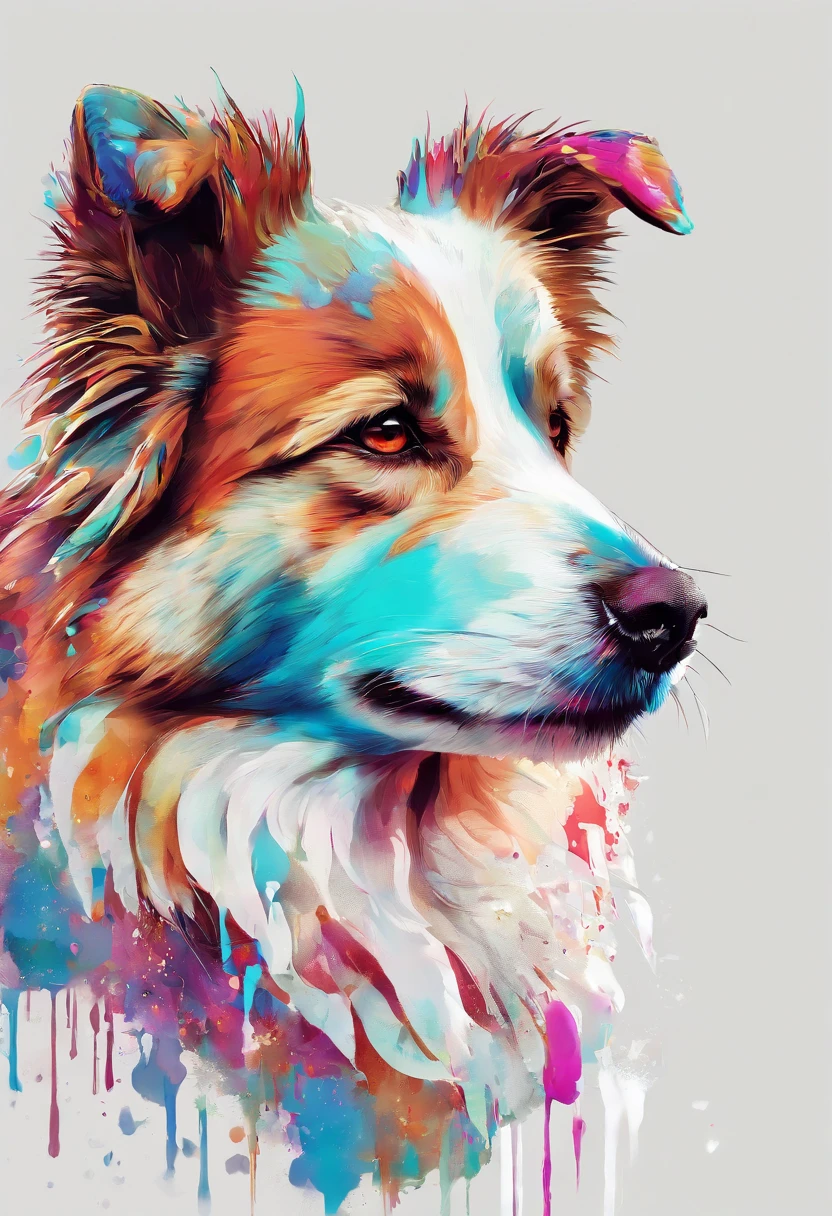 Splash Art, Shetland Shetland Shepherd Dog, ((White background)), piercing eyes, Epic Instagram, art stations, splash style of color paint, contours, hyper detailed intricately detailed , illusory engine, Fantastical, intricately details, Splash screen, Complementary colors, fantasy concept art, 8K resolution, Deviantart's masterpiece, Oil painting, Heavy strokes, paint drips, splashart
