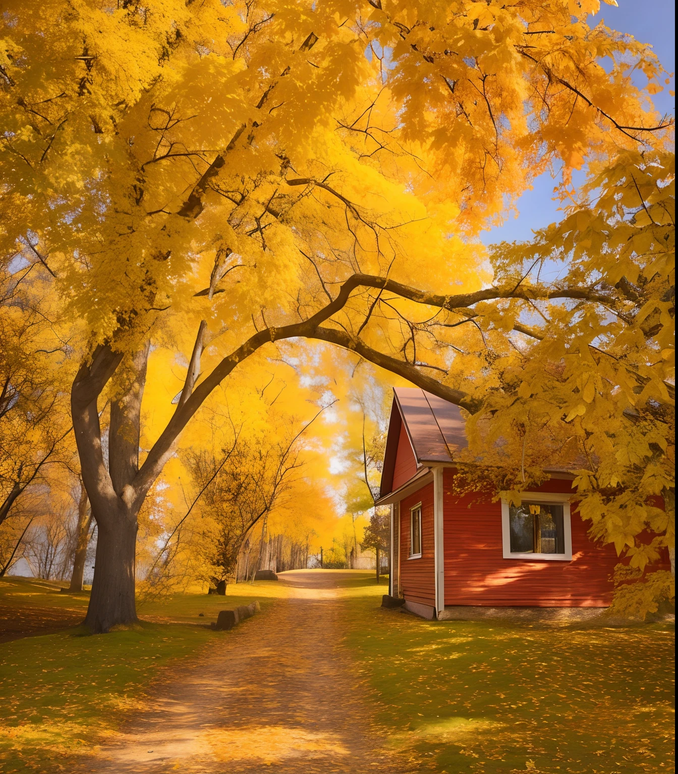a tree with yellow leaves is next to a red house, golden autumn, breath - taking beautiful trees, breath-taking beautiful trees, rich picturesque colors, vibrant autumn colors, in the autumn, autumn colors, in autumn, autumn season, golden colors, swedish countryside, by Anato Finnstark, by Anton Lehmden, swedish houses, very beautiful photo, in fall