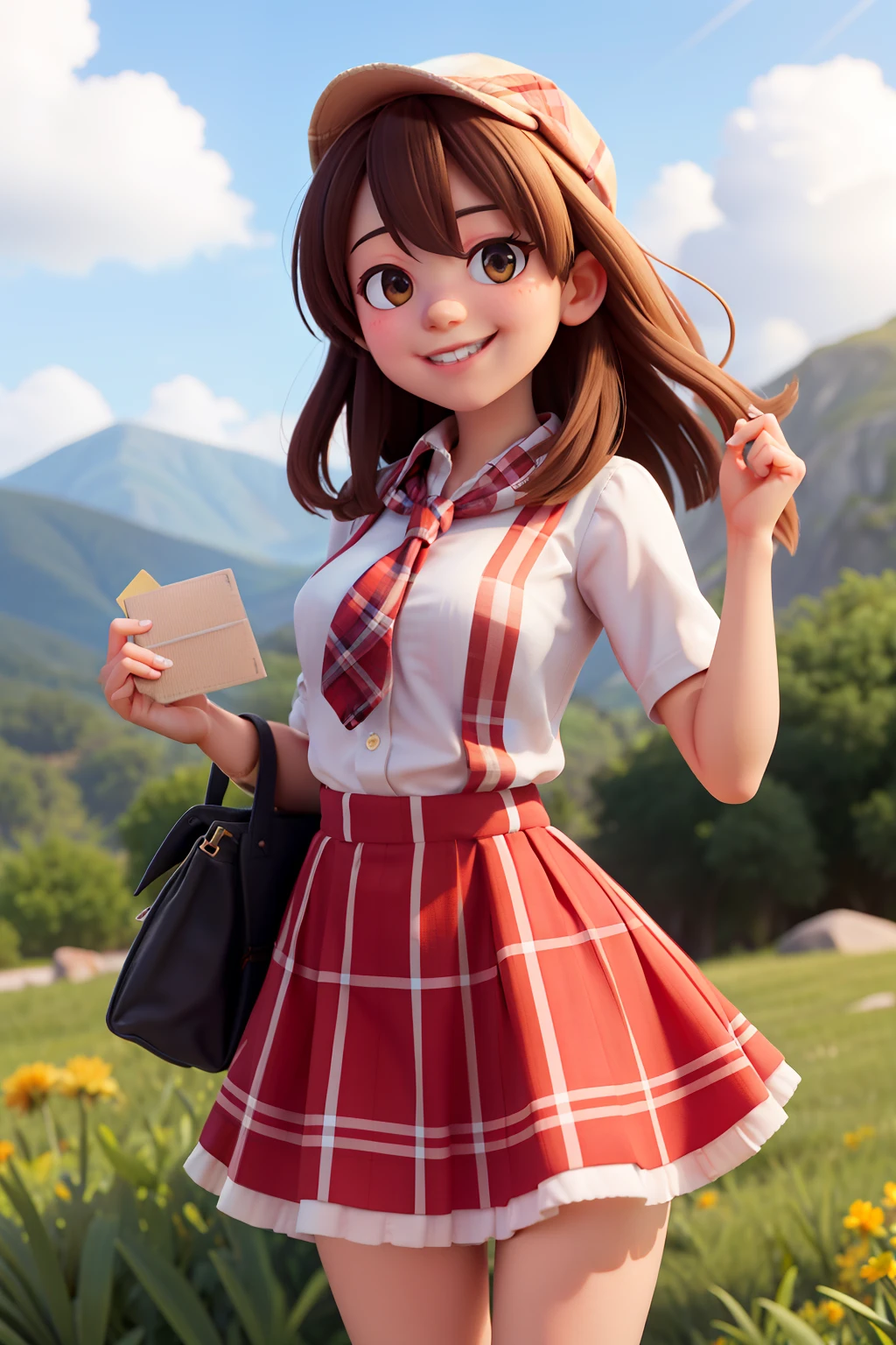 masterpiece, high quality best quality,1girl, bangs, beach, blue_sky, blush, bow, breasts, checkered, checkered_shirt, checkered_skirt, cloud, cloudy_sky, collarbone, day, envelope, giving, grass, hair_bow, heart, holding, holding_letter, horizon, incoming_gift, kazami_yuuka, leaning_forward, lens_flare, letter, light_rays, long_hair, looking_at_viewer, love_letter, mountain, mountainous_horizon, ocean, outdoors, plaid, plaid_background, plaid_bikini, plaid_bow, plaid_bowtie, plaid_bra, plaid_dress, plaid_headwear, plaid_jacket, plaid_legwear, plaid_necktie, plaid_neckwear, plaid_panties, plaid_pants, plaid_ribbon, plaid_scarf, plaid_shirt, plaid_skirt, plaid_vest, pov, shirt, skirt, sky, smile, solo, sun, sunbeam, sunlight, tree, unmoving_pattern