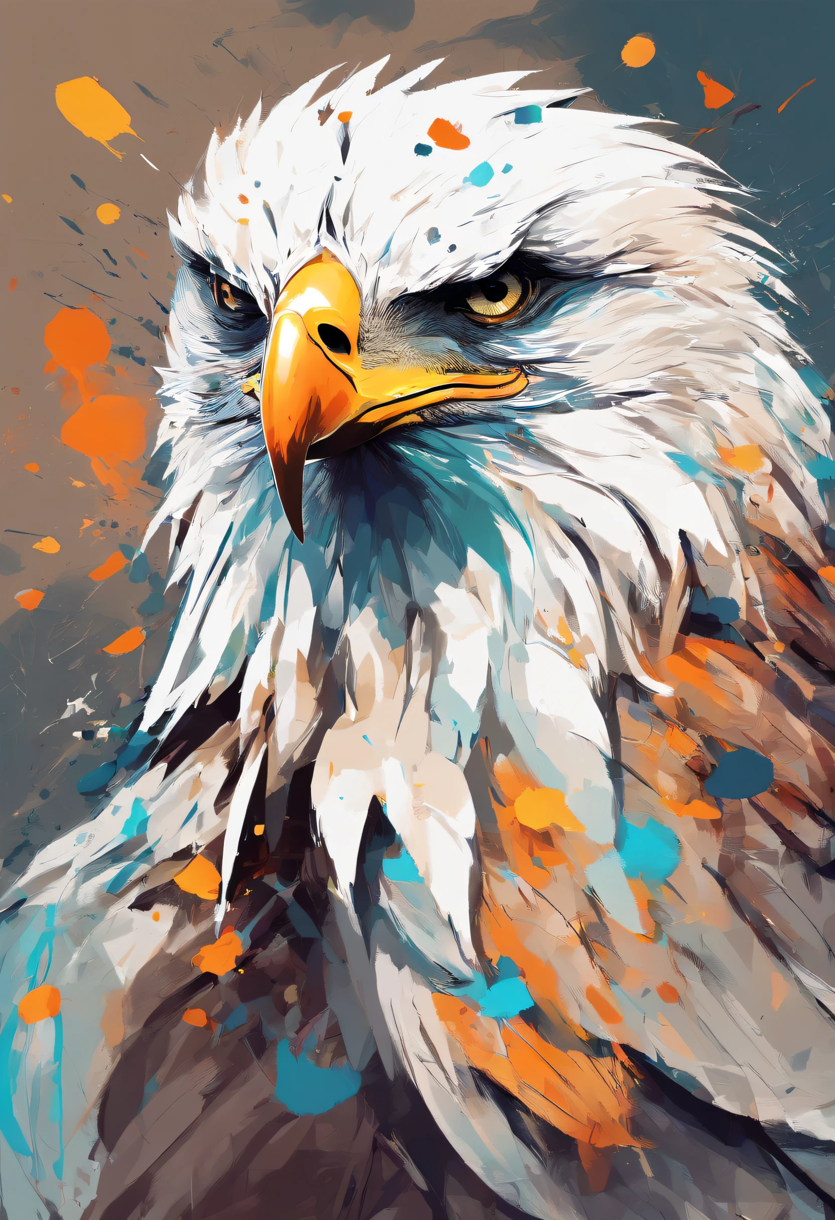 arte splash, An eagle's head, ((fundo branco)), olhos penetrantes, epic instagram, art-station, estilo splash de tinta colorida, contorno, hiperdetalhado intricadamente detalhado, Motor irreal, genial, detalhes intrincados, tela inicial, cores complementares, conceito de fantasia arte, 8K分辨率, obra-prima do deviantart, oil-painting, pinceladas pesadas, pingos de tinta, artes de salpicos