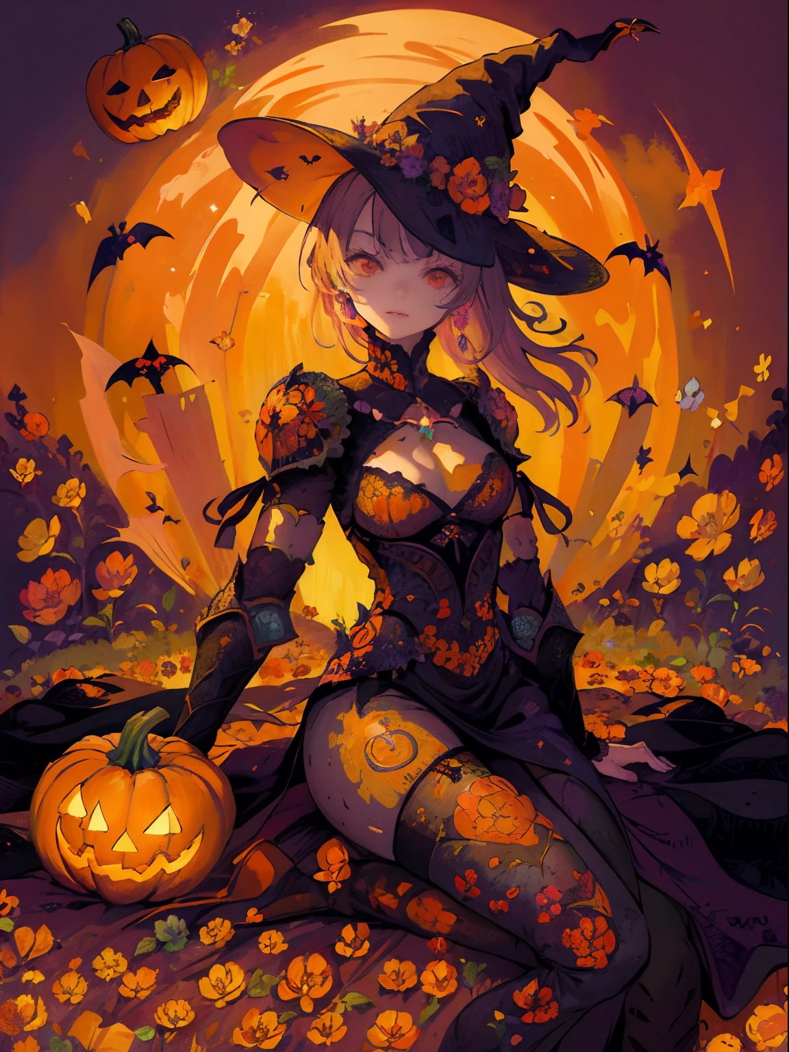 woman, flower dress, colorful, pumpkin, colorful background, flower armor, halloween theme, witch outfit, pumpkin