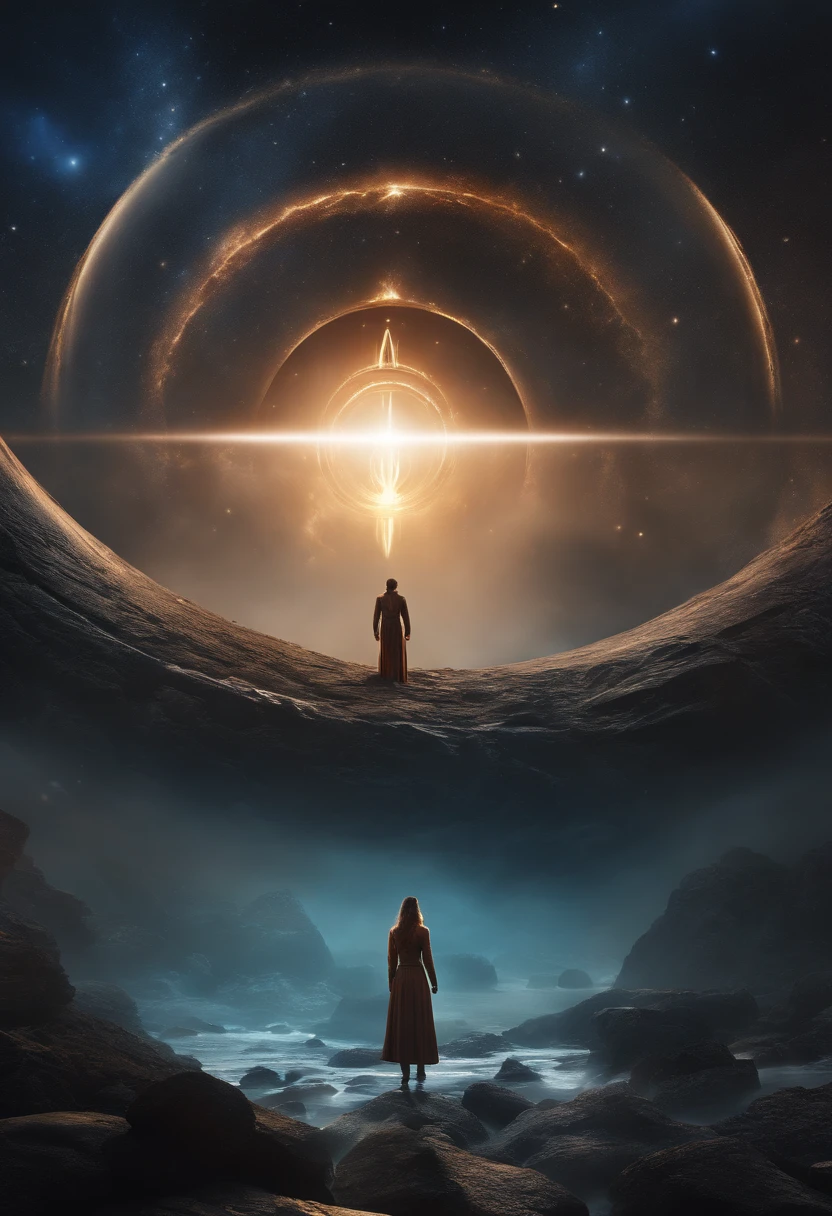 (best quality,4k,8k,highres,masterpiece:1.2),ultra-detailed,(realistic,photorealistic,photo-realistic:1.37),I'm leaving Trekkon, Celestial Eldritch Mobius, Dark atmosphere of the universe, ethereal glow, sharp focus, detailed hair texture, transcendental energy, floating on the ground, mysterious symbols and runes, cosmic portal, tentacle-like appendages, exquisite coronas, floating rocks, interstellar backdrop, enchanting color palette, sinister and supernatural, surreal lighting