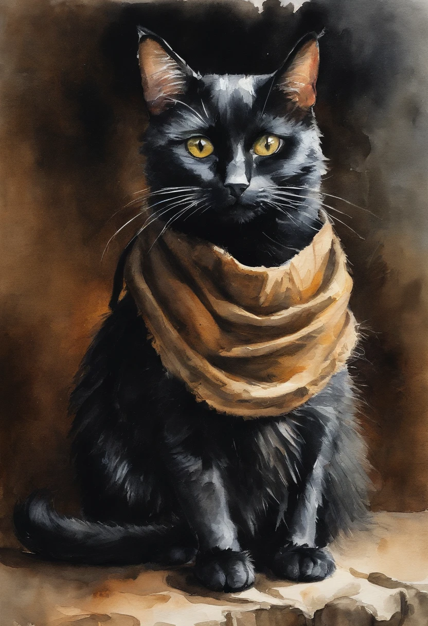 Heavy oil painting, Rembrandt van Rein, Close-up of a cute black cat wearing box gloves, In the ring, Moody environment