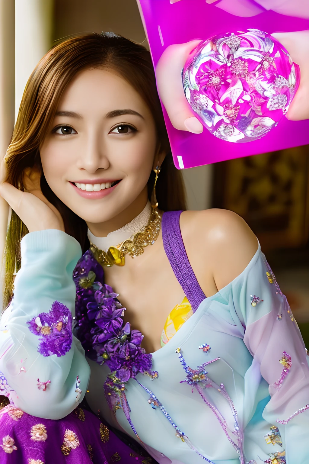 2 Otome、kawaii、(shorttwintail)、(((Details of intricate ornaments on the chest)))、(((colorlesstransparentlatexlarge-format:1.4)))、Small mechanical launch port on the chest、(((Large transparent resin :1.4)))、((super realistic details))、globalillumination、Shadow、a purple eye、radiant eyes、Facing the camera、neon details、sitting on、(purple color lighting:1.2)、portlate、Raw photo、top-quality、masterpiece、超A high resolution、(Photorealsitic:1.4)、octan render、8K picture quality、ultrasharp、Details of complex ornaments、highly intricate detail、Realistic light、Beautie、A slight smil、Cute smile、Glass flowers、(((leaning down)))