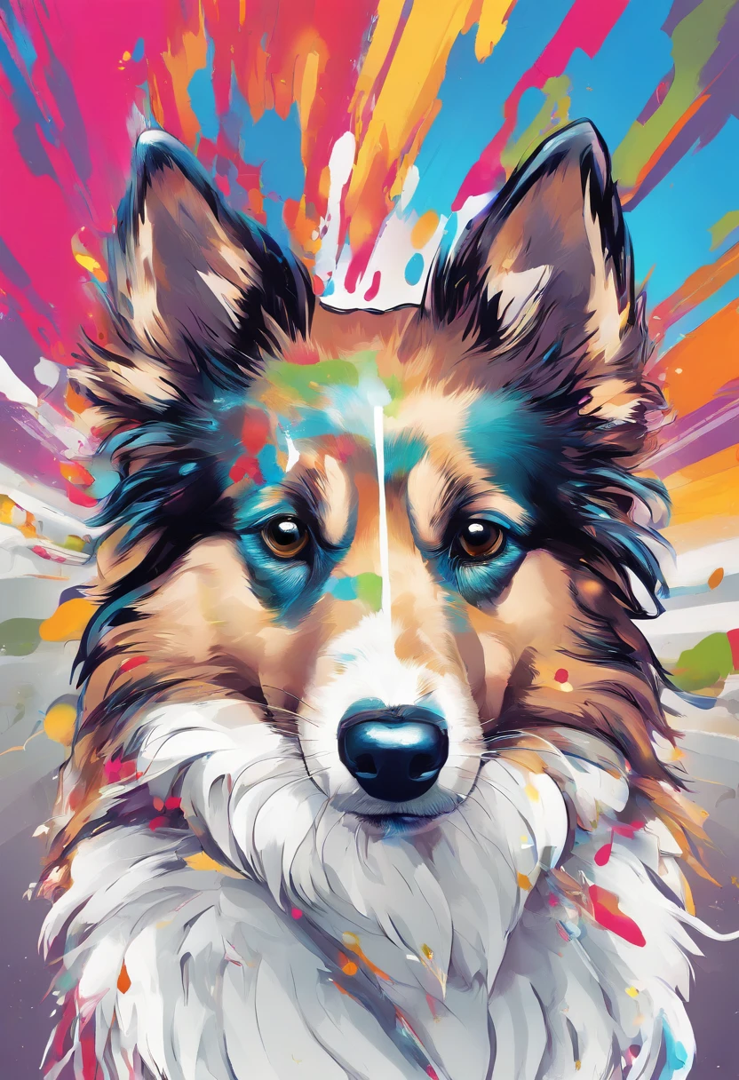 Splash Art, Shetland Shetland Shepherd Dog, ((White background)), piercing eyes, Epic Instagram, art stations, splash style of color paint, contours, hyper detailed intricately detailed , illusory engine, Fantastical, intricately details, Splash screen, Complementary colors, fantasy concept art, 8K resolution, Deviantart's masterpiece, Oil painting, Heavy strokes, paint drips, splashart