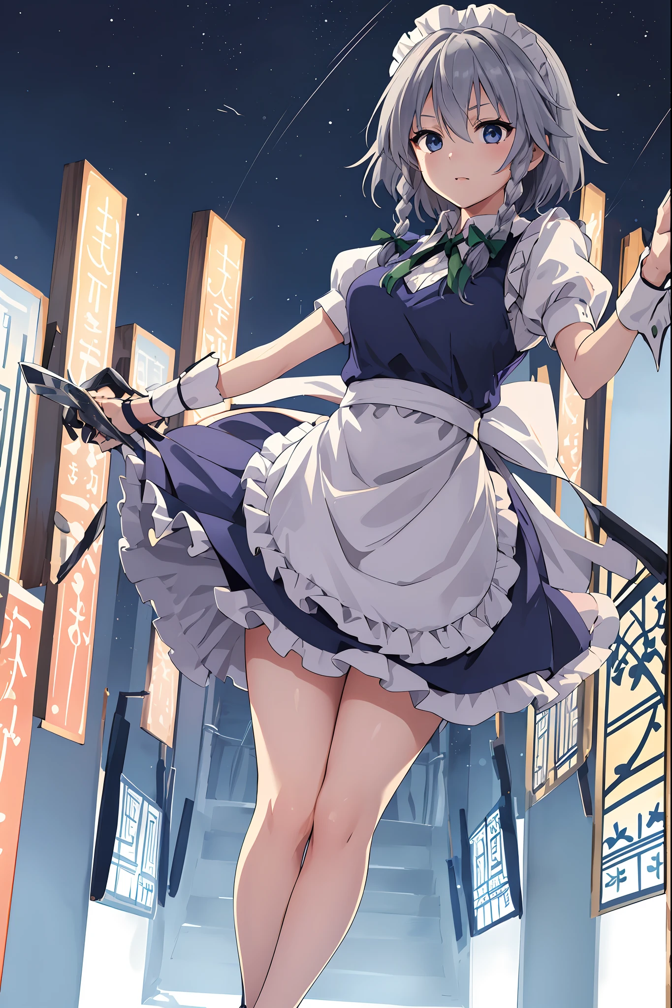 1girl, 8k, (masterpiece, best quality, perfect lighting, direct lighting:1.2),  (full body), fisheye, from below, sky view, beautiful clear sky,
a photo of a cute girl, izayoi sakuya, throwing knives, in a precincts of shrine,
dynamic pose,   outdoors,
BREAK
blue eyes, maid headdress, braid, grey hair, maid, twin braids, short hair, wrist cuffs, bow, hair bow,  short sleeves, ribbon, apron,