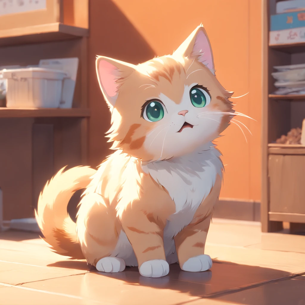 Little cute isometric cat emoji, Tuxedo jack, calico cat, hairy pubic,Cute big breasts, Pet shop background, soft and muted colors, 3d icon clay rendering, Spring: 120mm, 3D blender rendering, trending on polycount, modular constructivism, Orange background, physically-based renderingt, The kitten in the middle raised her hand