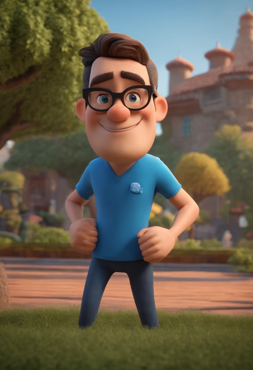 Cartoon character of a man with black glasses and a blue t-shirt,sem cabelo, animation character, Caractere estilizado, animation style rendering, 3D estilizado, Arnold Maya render, 3 d render stylized, toon render keyshot, Personagem 3D, Personagem 3D, 3d rendering stylized, 3 d character render, personagem de desenho animado, Personagem de close up, Pose de personagem,  (Estilo Pixar) (master part:1.2) (Bokeh) (best quality) (pele detalhada) (textura detalhada) (8k) (argila) (Cinematic lighting) (foco nítido