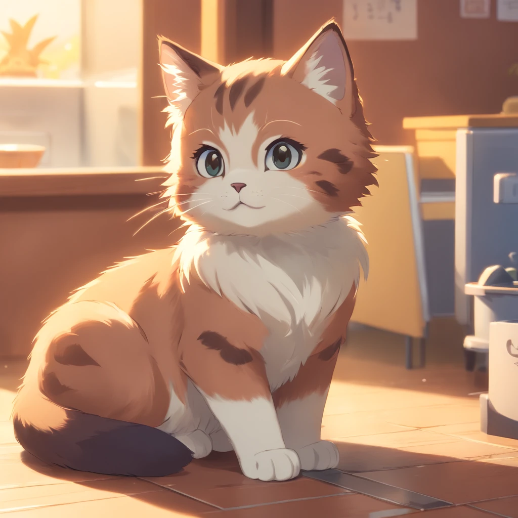Little cute isometric cat emoji, Tuxedo jack, calico cat, hairy pubic，Cute big breasts, Pet shop background, soft and muted colors, 3d icon clay rendering, Spring: 120mm, 3D blender rendering, trending on polycount, modular constructivism, Orange background, physically-based renderingt, The kitten in the middle raised her hand