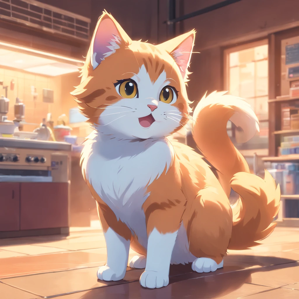 Little cute isometric cat emoji, Tuxedo jack, calico cat, hairy pubic,Cute big breasts, Pet shop background, soft and muted colors, 3d icon clay rendering, Spring: 120mm, 3D blender rendering, trending on polycount, modular constructivism, Orange background, physically-based renderingt, The kitten in the middle raised her hand