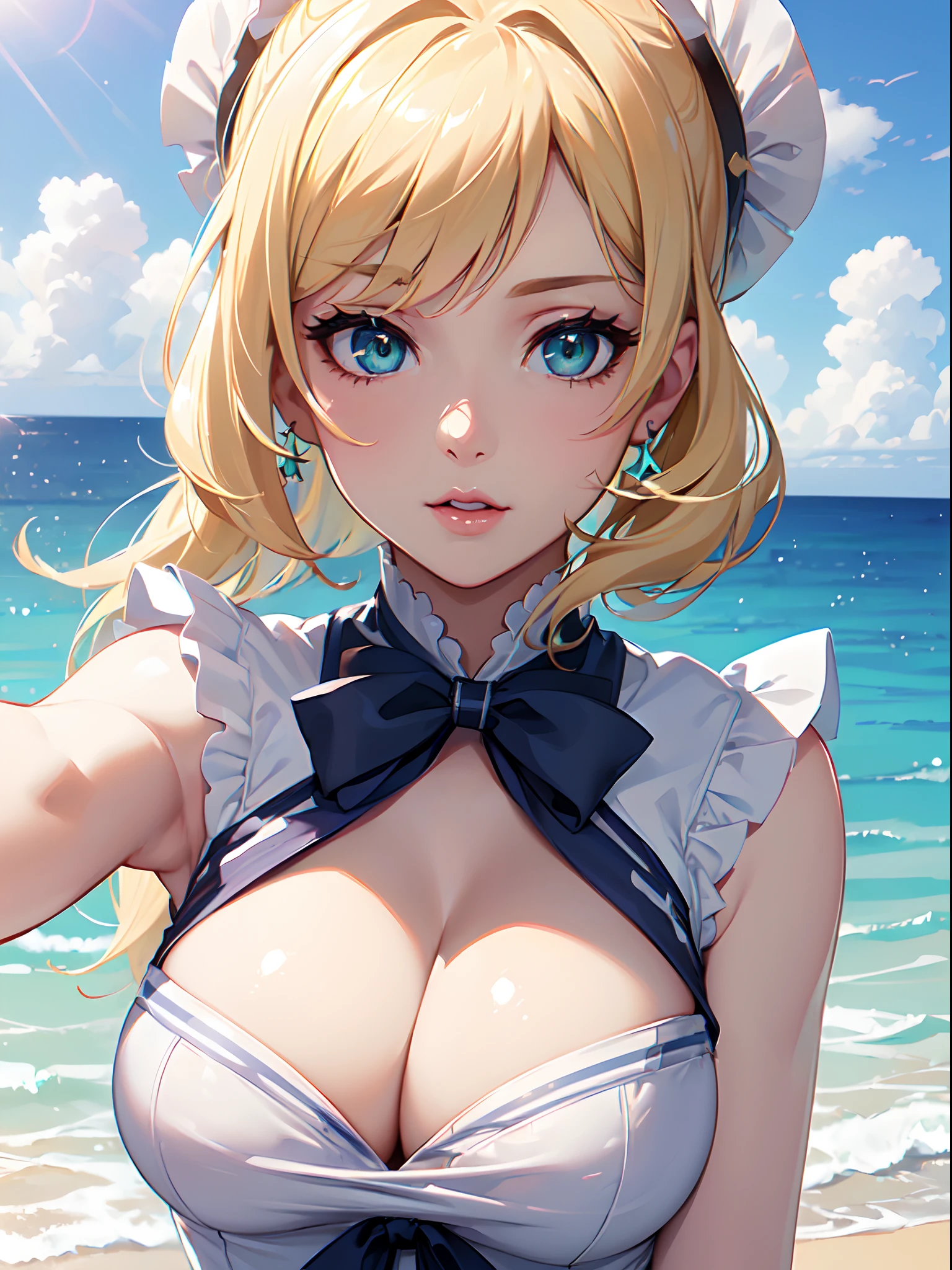 (((close up of face))),  (large breasts), (((cleavage))),  ((Smooth texture, Realistic texture, Photorealistic)),  ((Detailed beautiful eyes, Beautiful eyelashes, emerald eyes)), blonde medium hair, extremely detailed CG unified 8k wallpaper, very fine 8KCG wallpaper, (​masterpiece, Best Quality), High resolution, Ultra-detailed, ultra-sharp, 1 Lady,  at poolside,  ((( sheerwhite sailor shirt, Sleeveless, Open front))),   (Beautiful face, Cute face, Detailed face),   (((Sunny))), Perfect Eyes Eyes