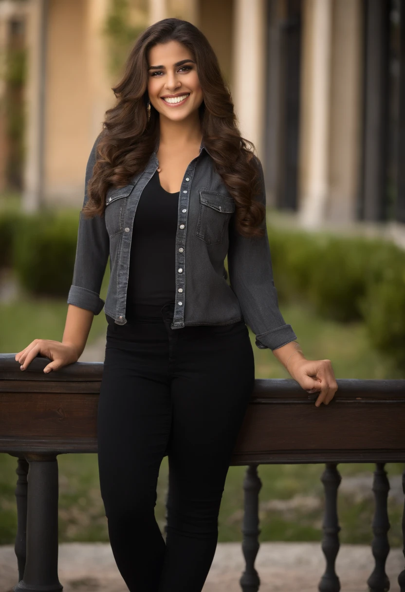 Uma mulher de 18 anos, com longos cabelos castanhos, Rosto redondo, sorriso encantador, e olhos castanhos, Classroom with studio lighting, Sign Language Interpreter and Sign Language Teacher Wearing Black Outfit, Black blouse and black jeans