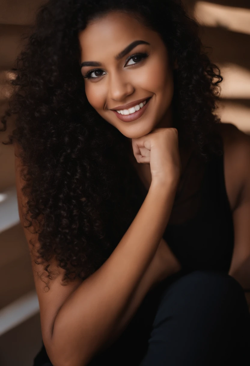 perfect portrait photo of (young black woman)) , best quality, she is wearing a black sweater, soft lighting, gorgeous, brunette woman, wide smile,
highly intricate high definition wallpaper