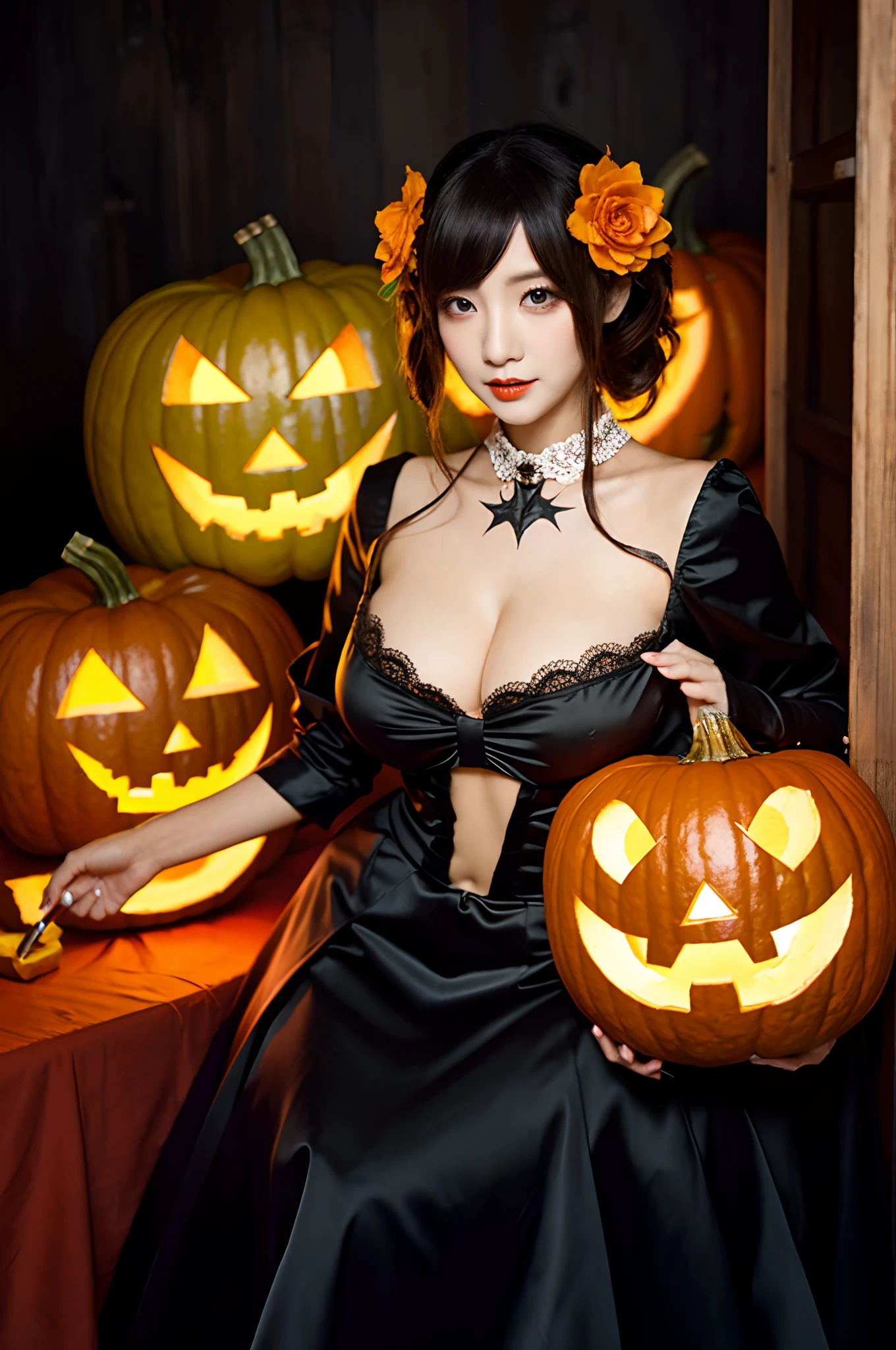 (tmasterpiece,top Quority,best qualtiy,offcial art,Beautiful and aesthetic:1.2),(1girll),18year old、((Jack-o'-lantern cosplay、Halloween、the witch、Western Pumpkin、Makeup based on black))、Extremely detailed,Colorful,highestdetailed,offcial art,Unified 8K wallpapers,ultra - detailed,Beautiful and aesthetic,big breasts beautiful,tmasterpiece,Colossal tits,Exposing her breasts,best qualtiy,A bag with a lot of colorful sweets、trick or treat、full-body view、