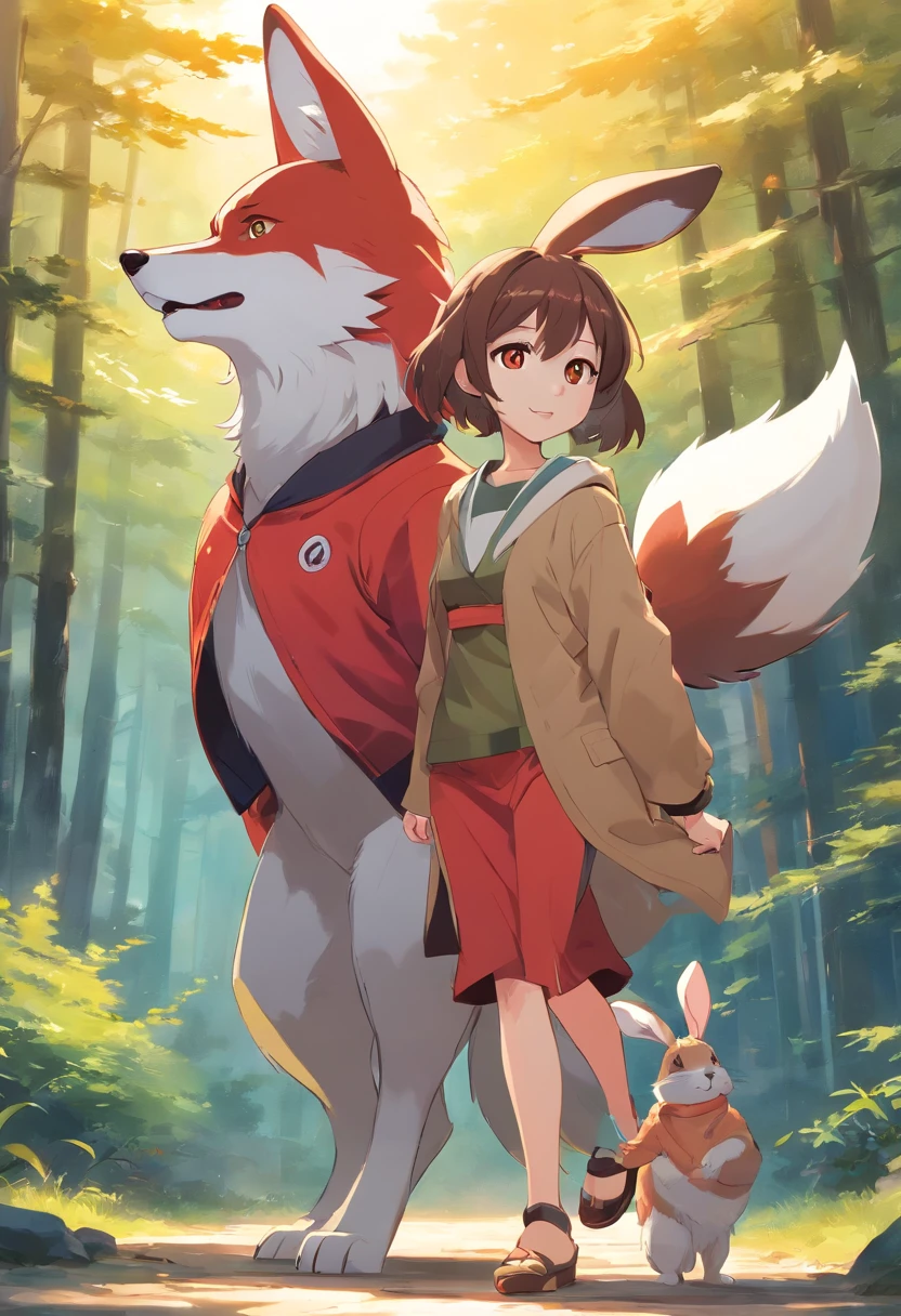 Fusion of 2 anthropomorphic animals: Wolf body and rabbit ears, The ear color is red,The color of the fur is brown