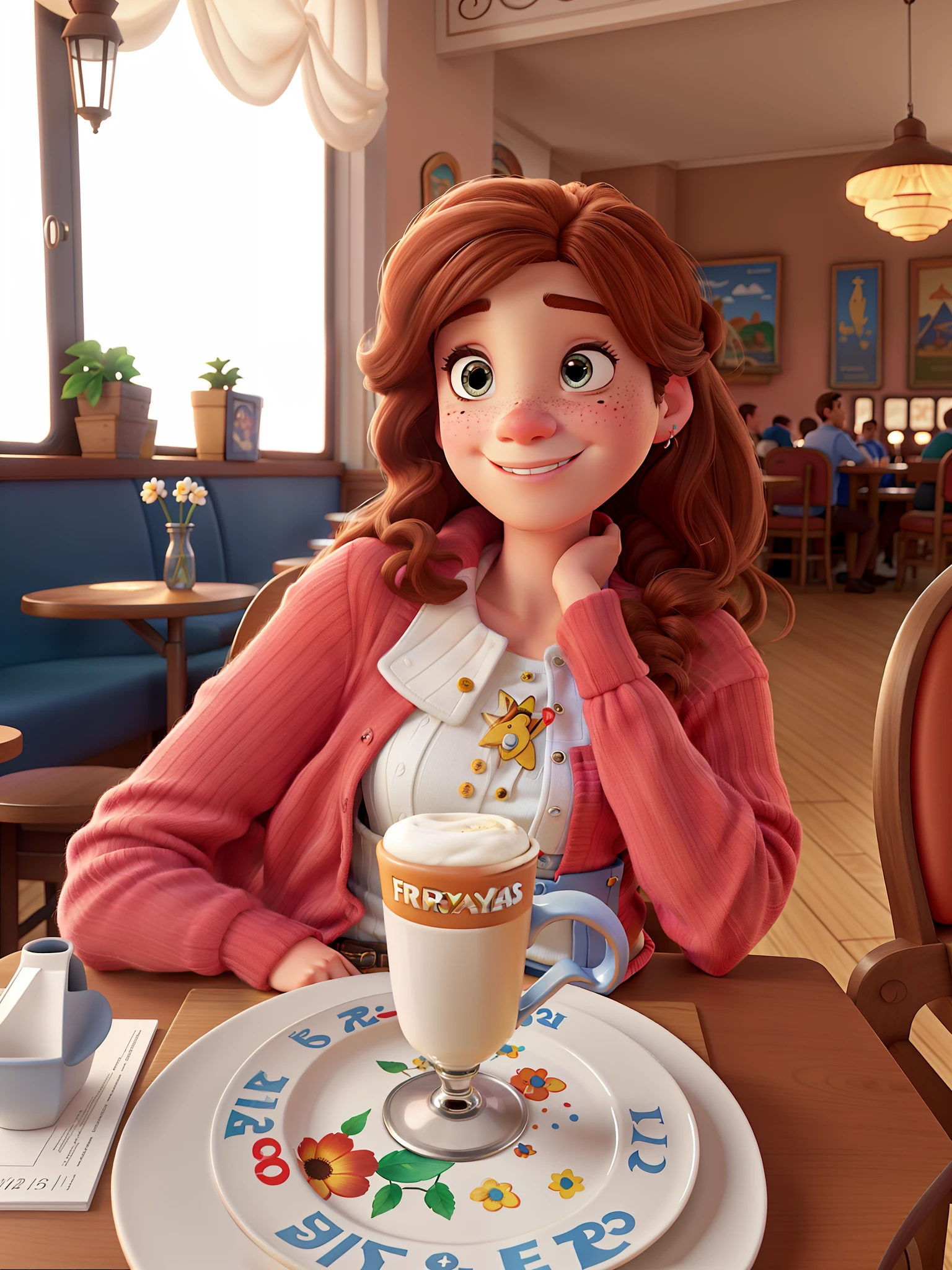 poster no estilo disney pixar, A white woman with brown freckles in a French café Disney Pixar style, alta qualidade