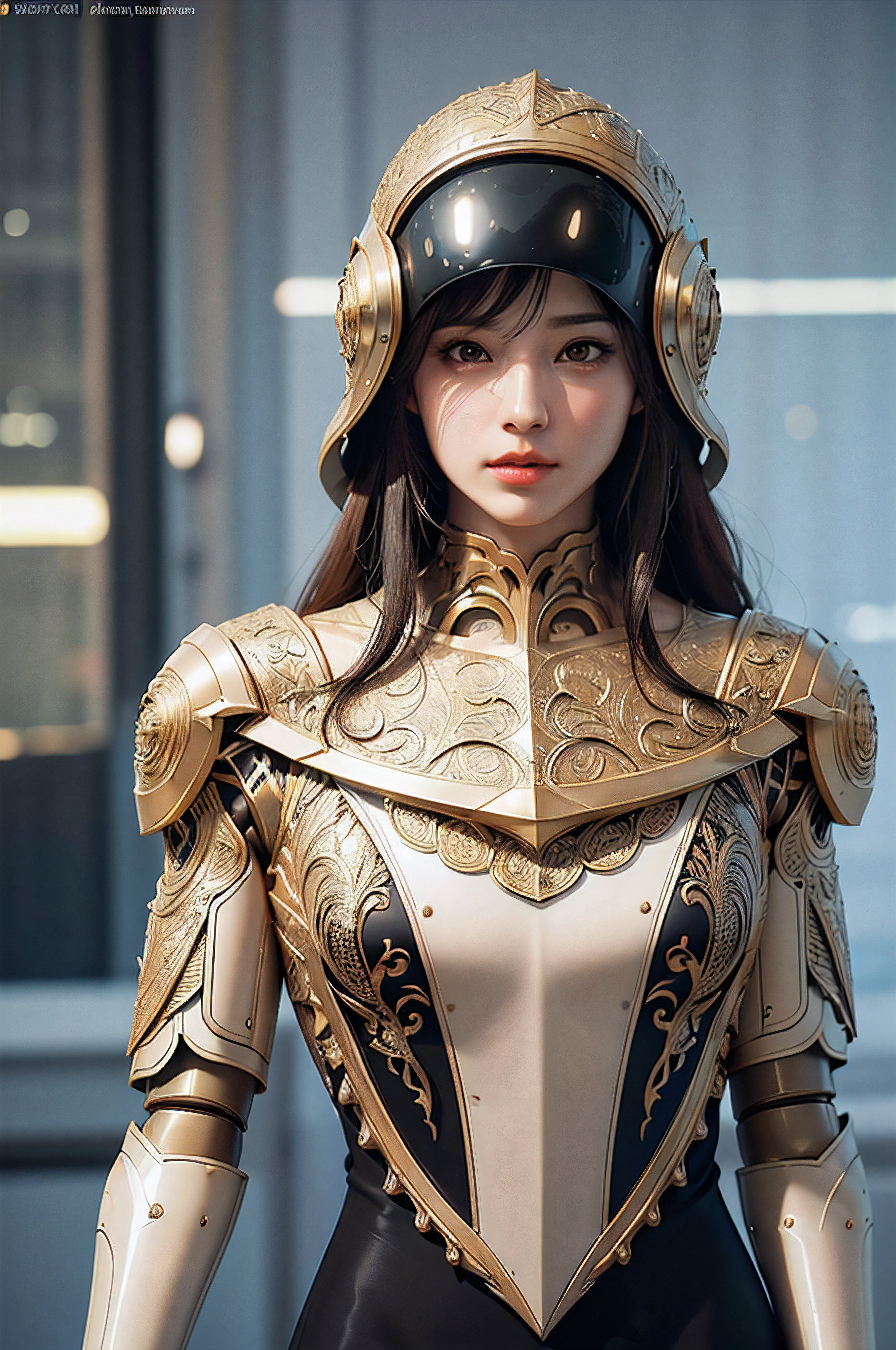 1 robot, organic, glowing eyes, cyberhelmet, long hair, white plastic, diffuse lighting, fantasy, intricate, elegant, highly detailed, lifelike, photorealistic, digital painting, artstation, illustration, concept art, smooth, sharp focus, art by John Collier and Albert Aublet and Krenz Cushart and Artem Demura, upper body, EbonyGoldAI