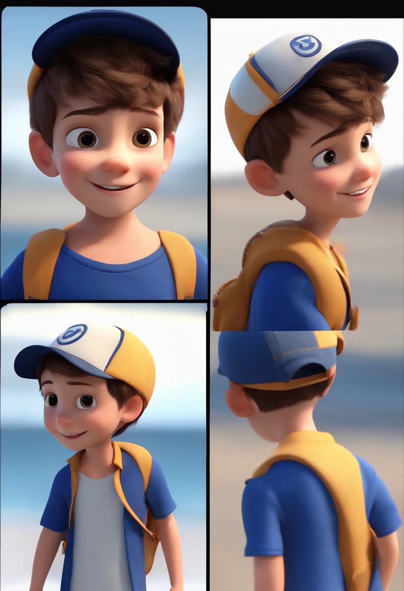A happy cute boy standing short hair with dark blue cap , vestindo uma camisa azul , , fundo branco, barnet, Tom, Estilo Pixar, ......3d, desenhos animados, rosto detalhado, asymmetrical 16k