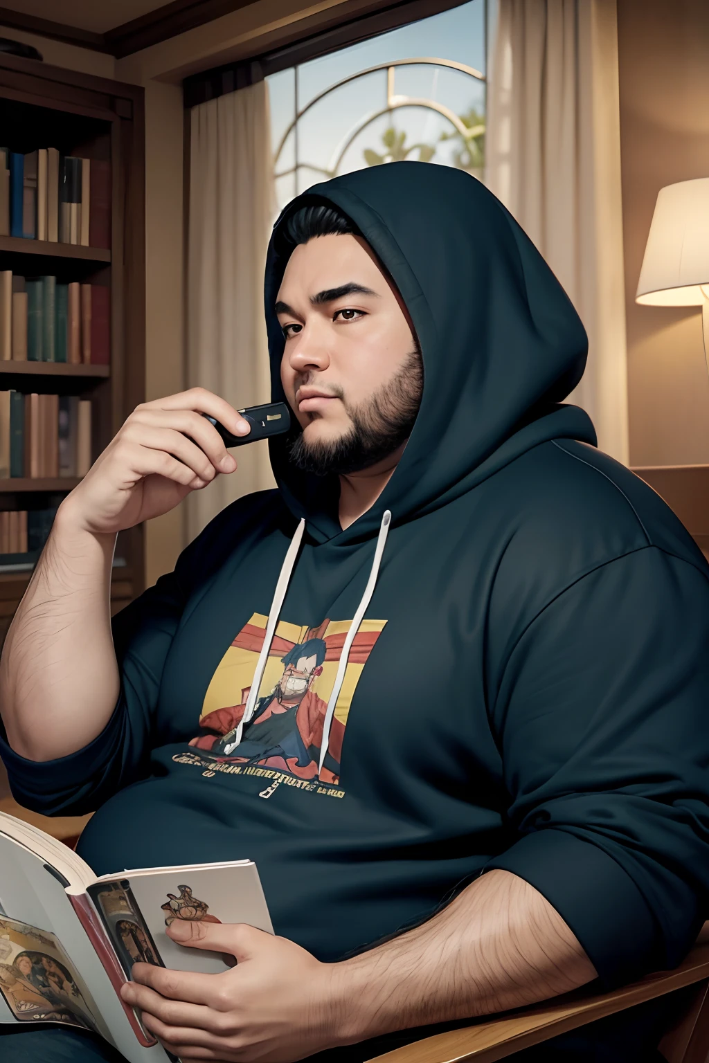 (anime), (masterpiece), ((extremely detailed 8k illustration)), fat man, reading manga, console control in a hand, hdr, hoodie cuban flag,